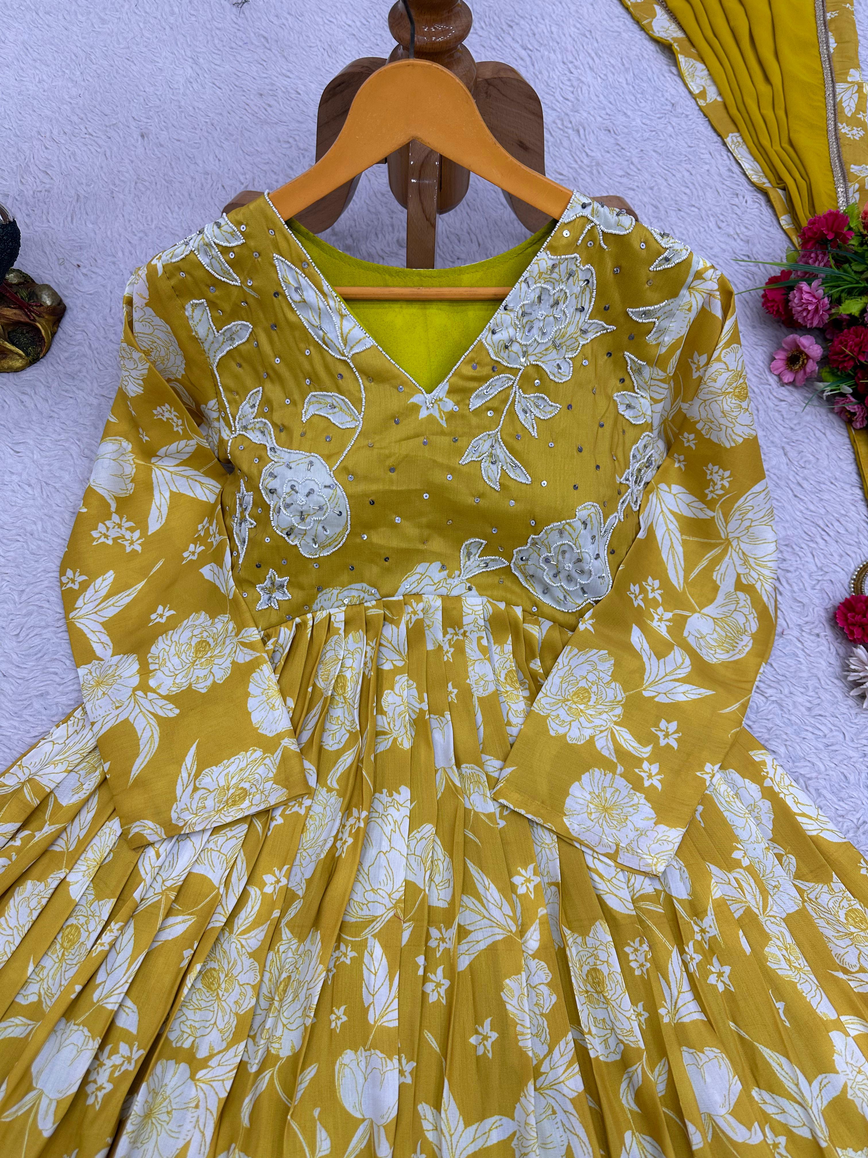 Hand Work With Digital Print Yellow Gown With Palazzo