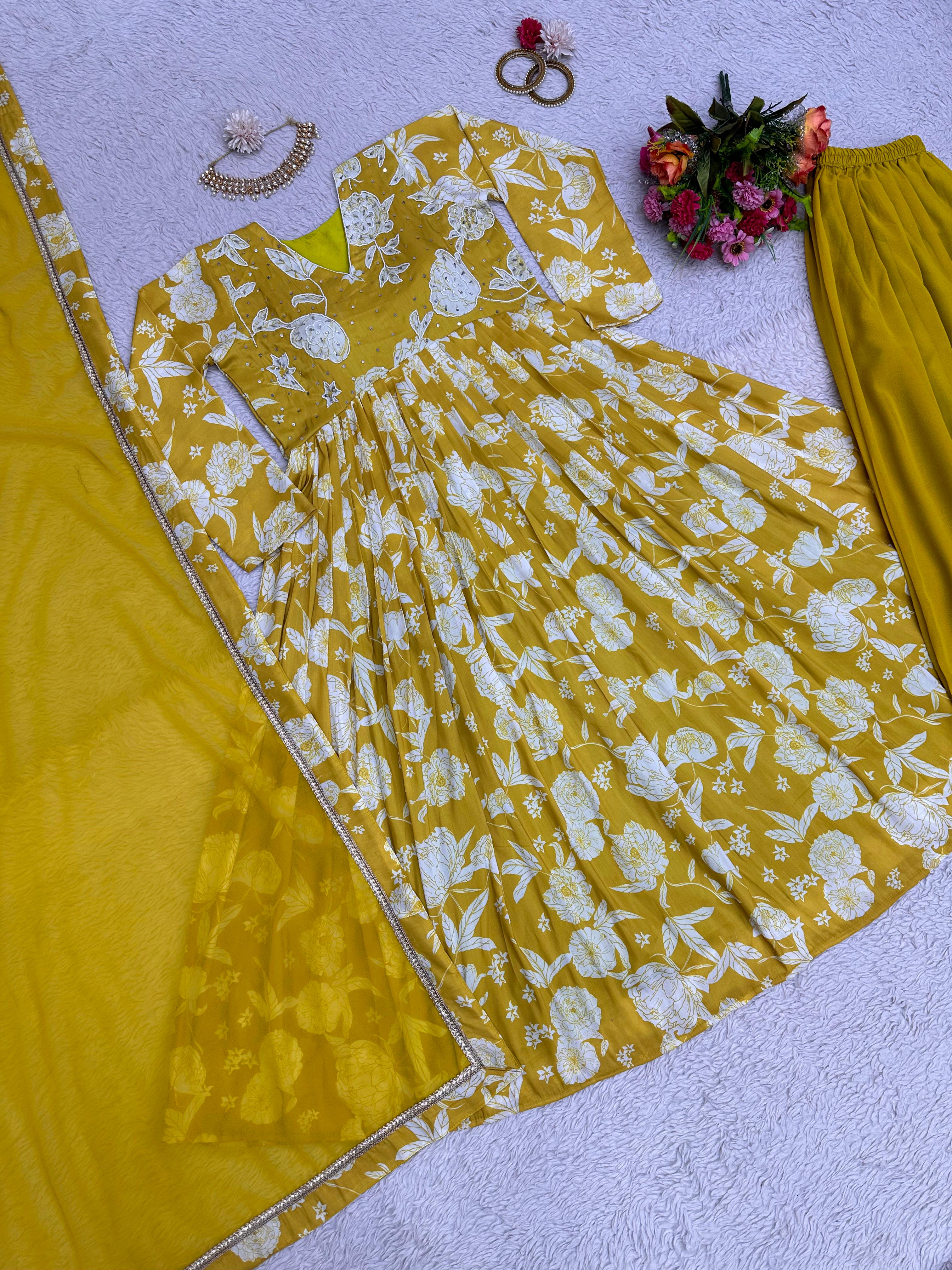 Hand Work With Digital Print Yellow Gown With Palazzo