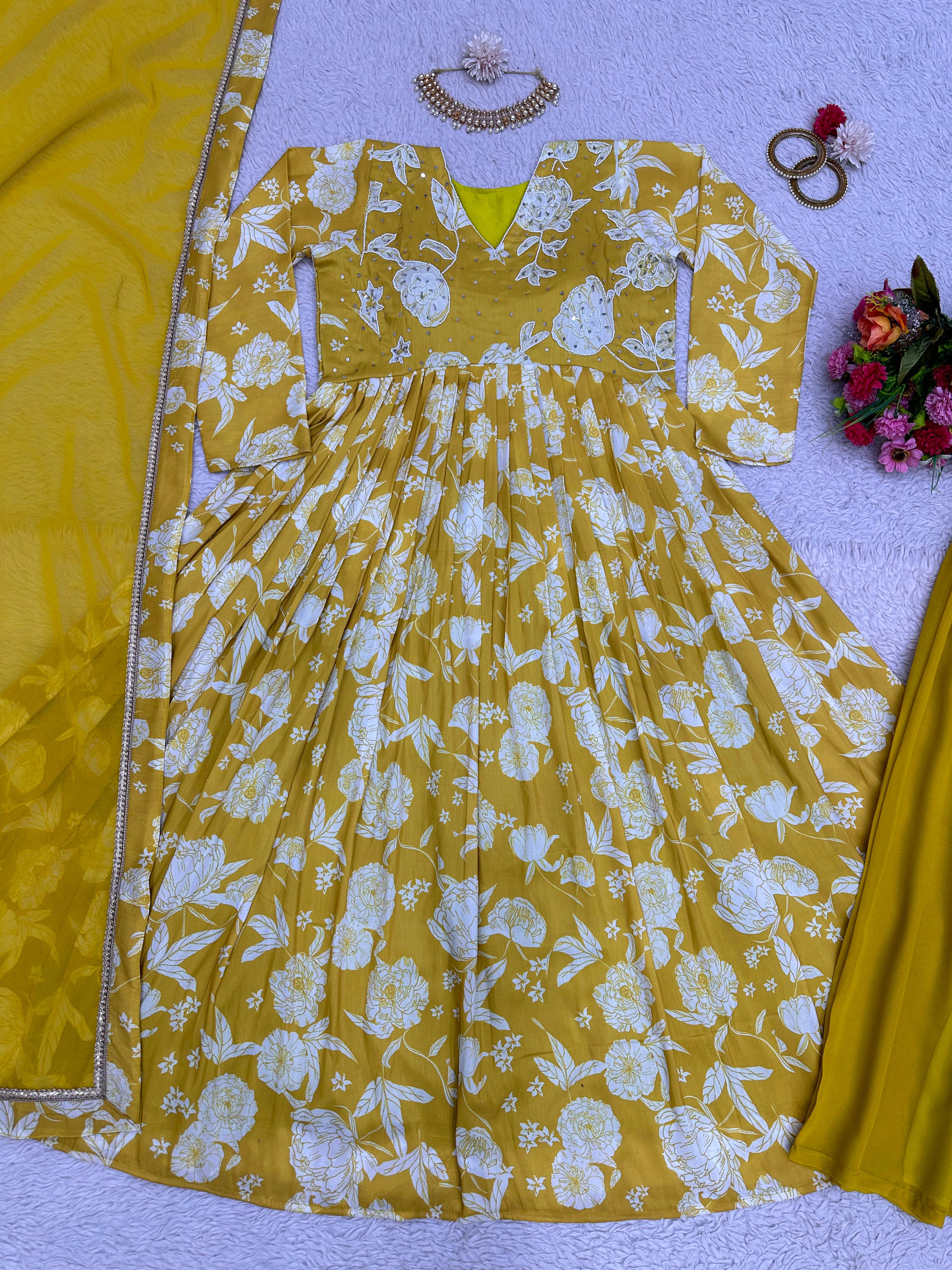 Hand Work With Digital Print Yellow Gown With Palazzo