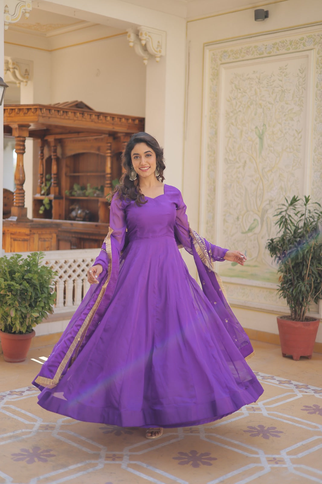 Superhit Purple Color Gown With Embroidered Dupatta