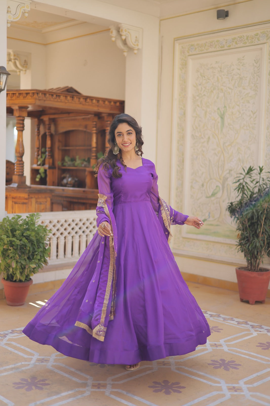 Superhit Purple Color Gown With Embroidered Dupatta