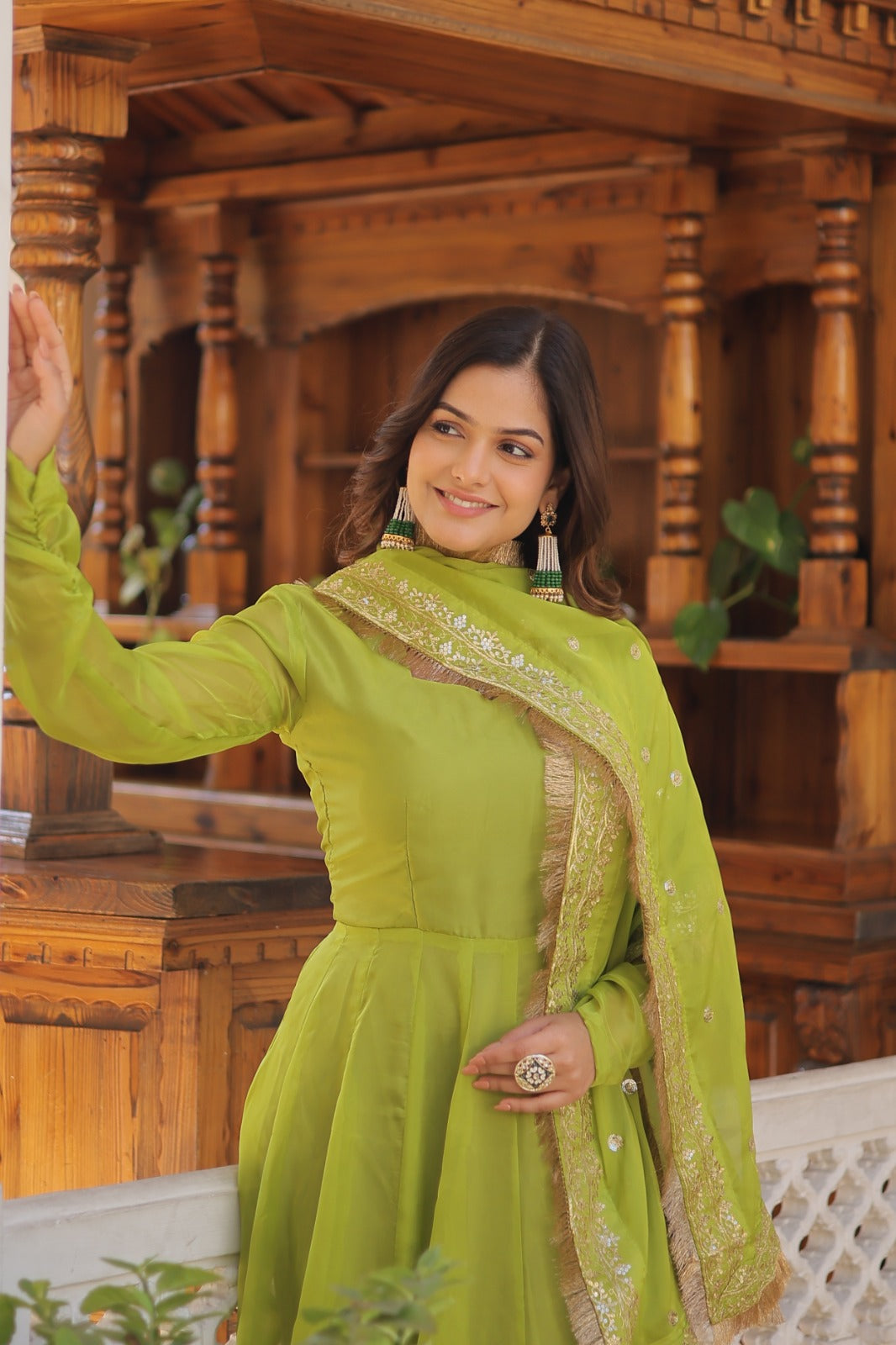 Superhit Parrot Green Color Gown With Embroidered Dupatta