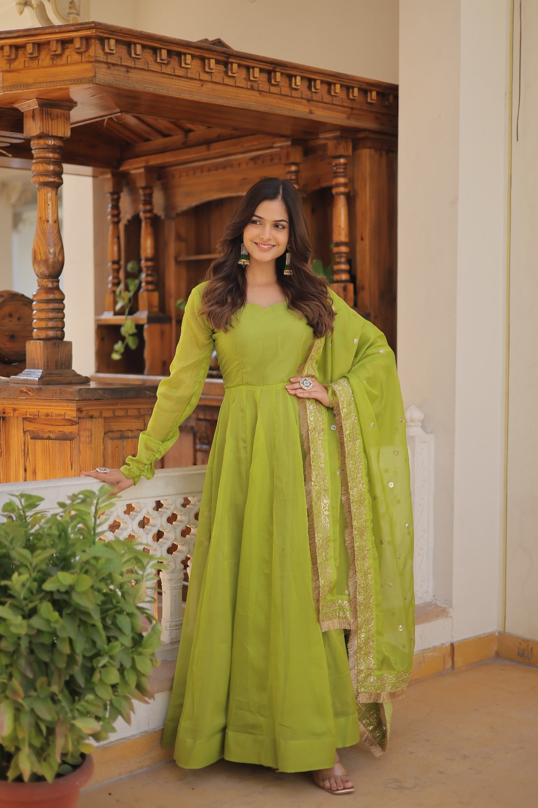 Superhit Parrot Green Color Gown With Embroidered Dupatta