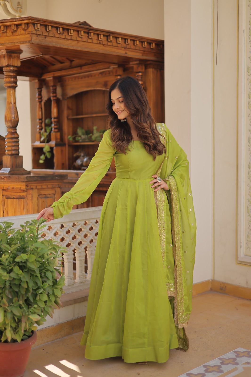 Superhit Parrot Green Color Gown With Embroidered Dupatta