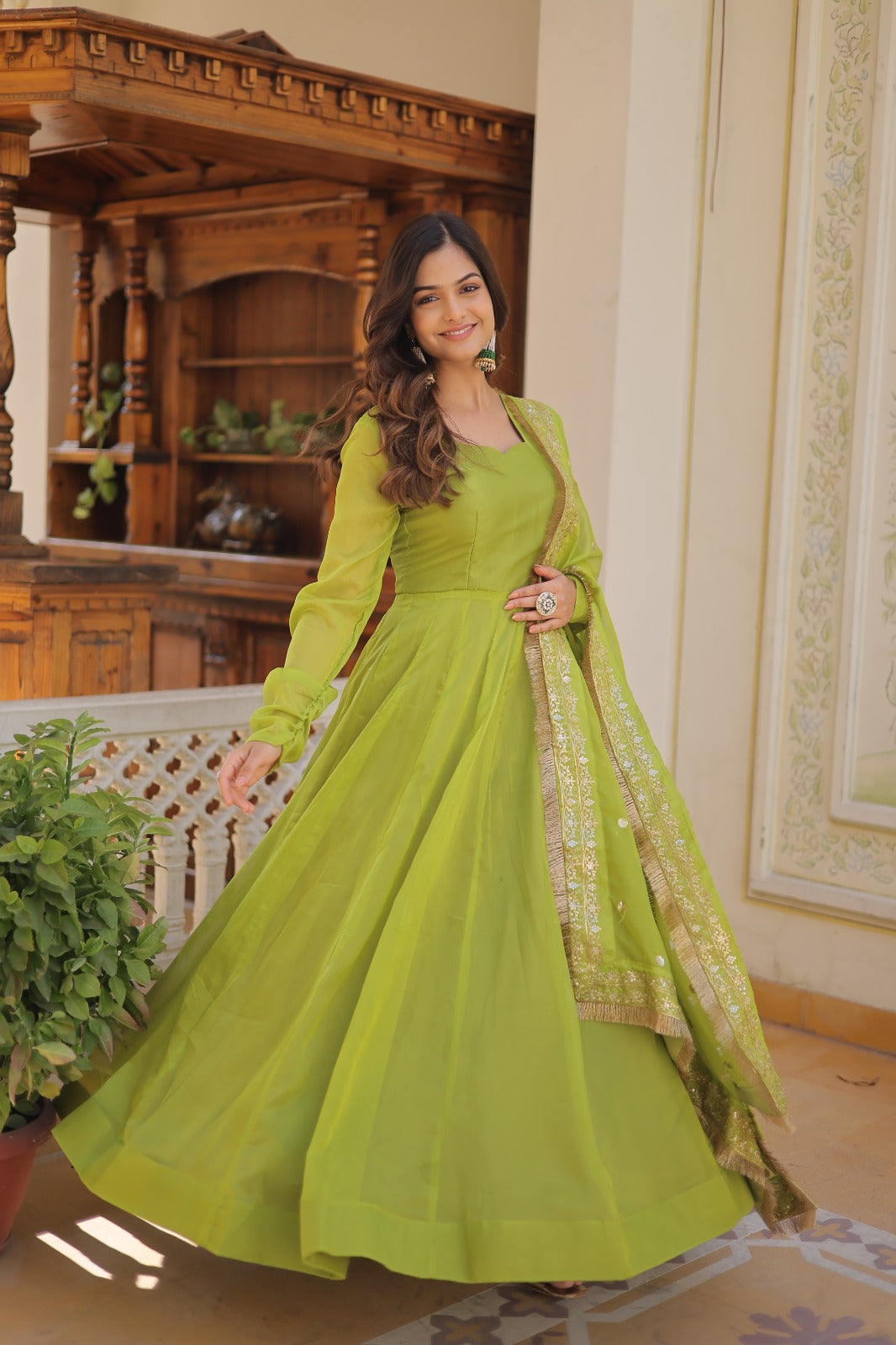 Superhit Parrot Green Color Gown With Embroidered Dupatta