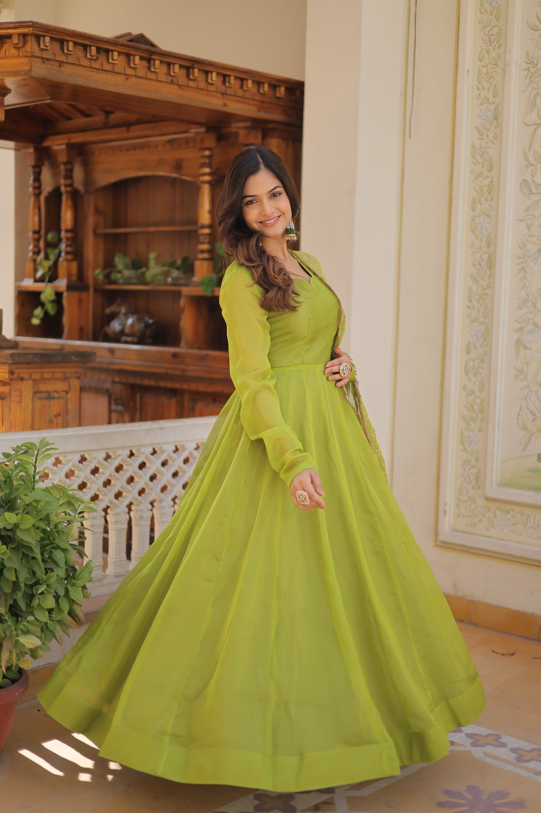 Superhit Parrot Green Color Gown With Embroidered Dupatta