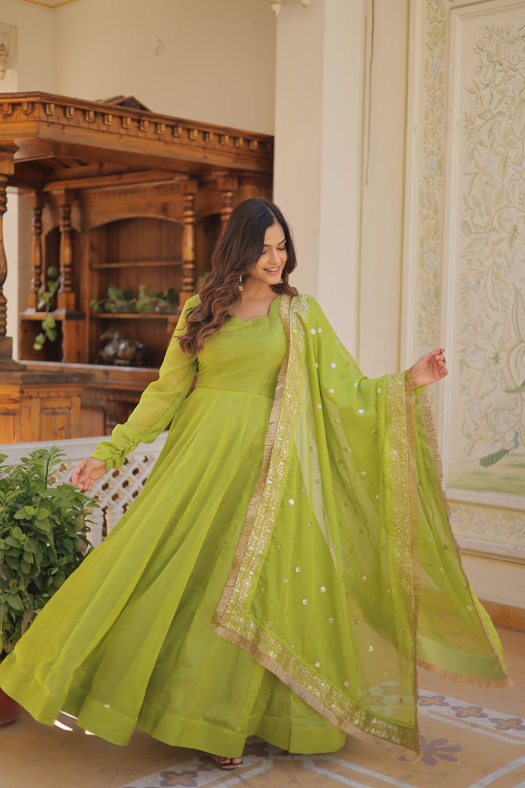 Superhit Parrot Green Color Gown With Embroidered Dupatta