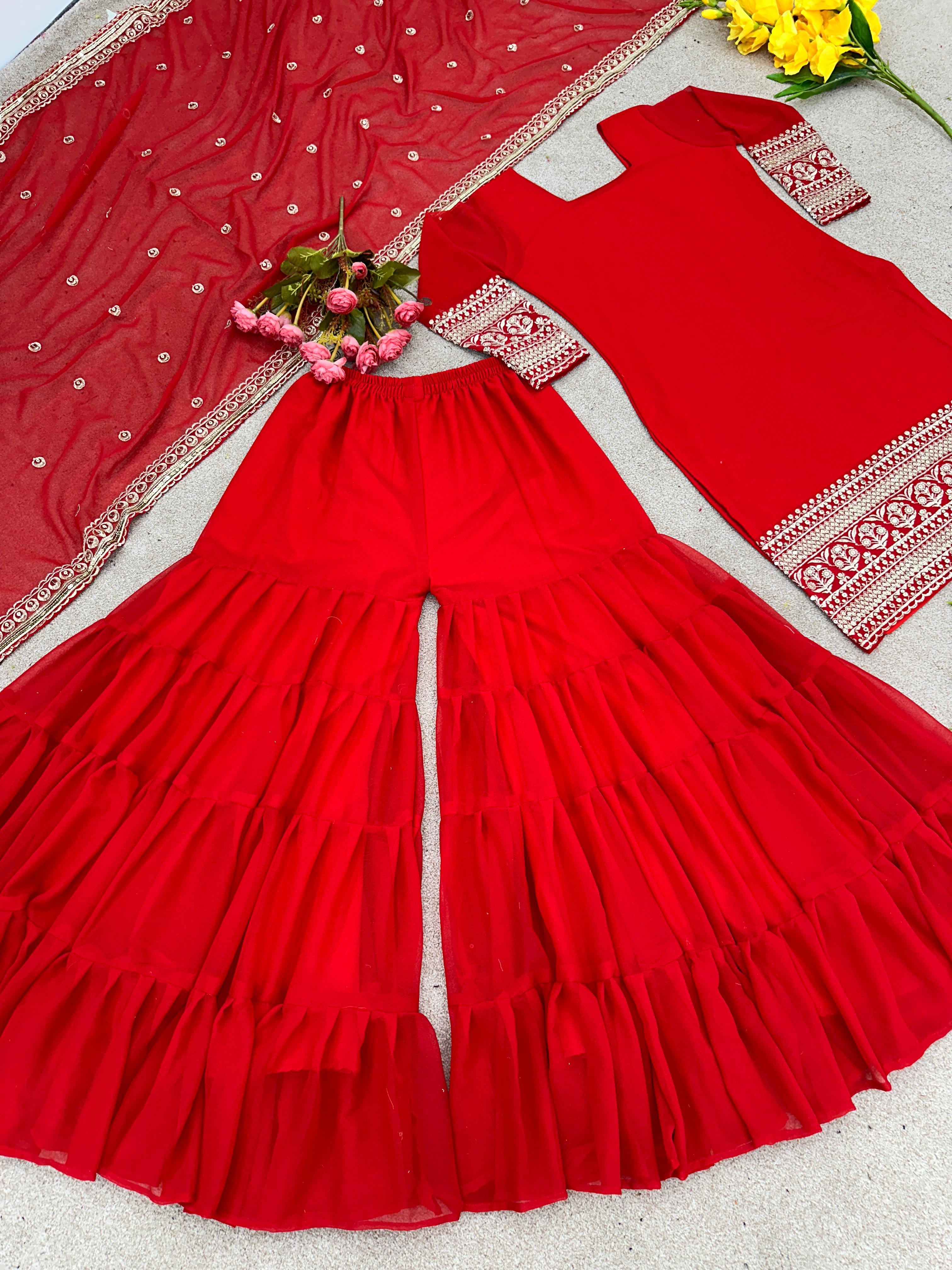 Opulent Ruffle Flair Red Color Sharara Suit