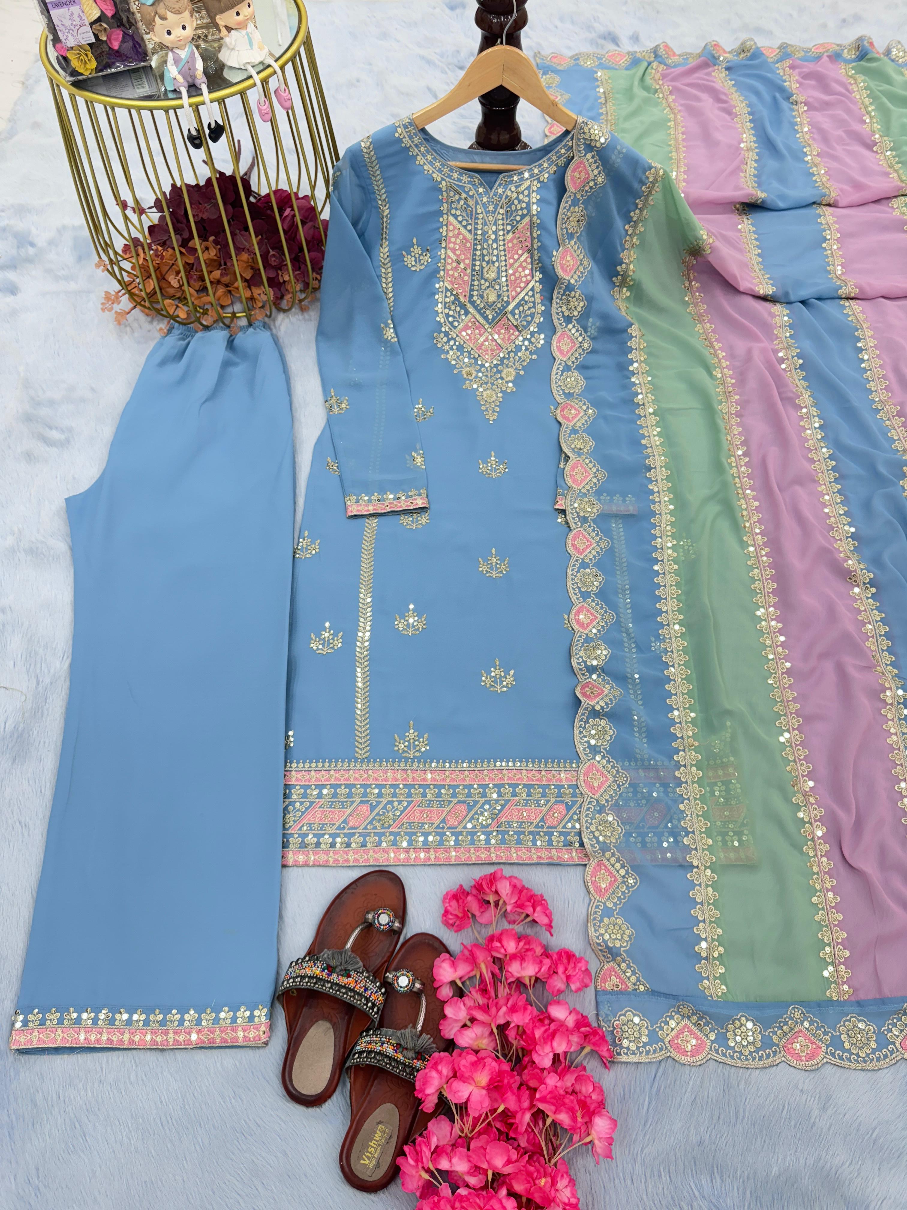 Exclusive Sky Blue Color Palazzo Suit With Multi Work Dupatta