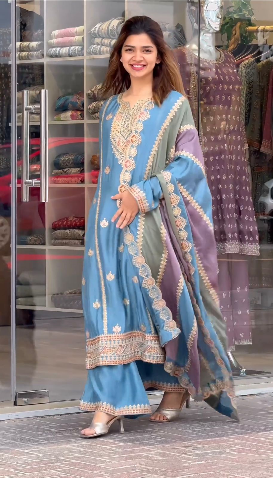 Exclusive Sky Blue Color Palazzo Suit With Multi Work Dupatta