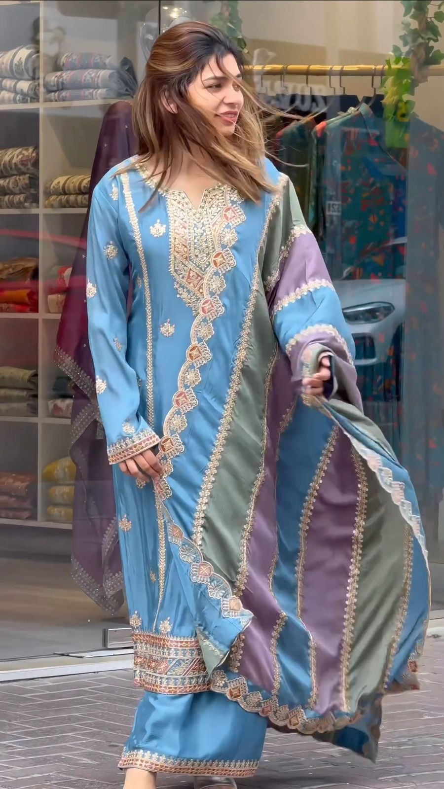 Exclusive Sky Blue Color Palazzo Suit With Multi Work Dupatta