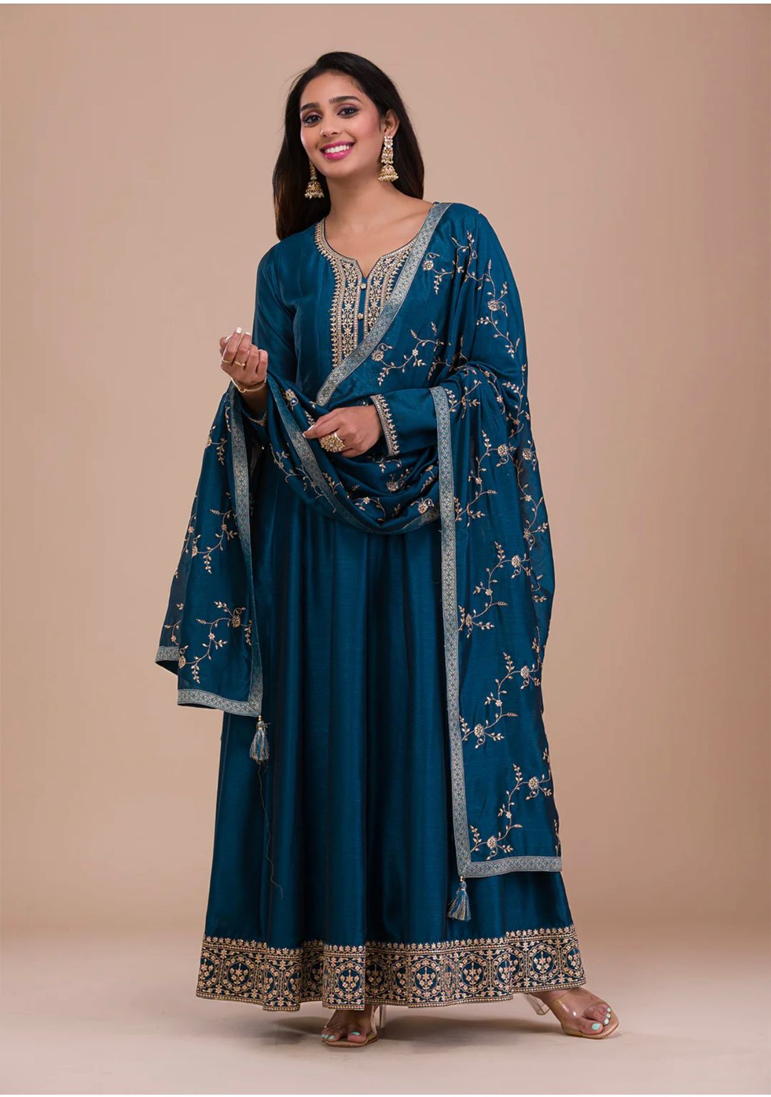 Function Wear Blue Color Embroidery Work Gown