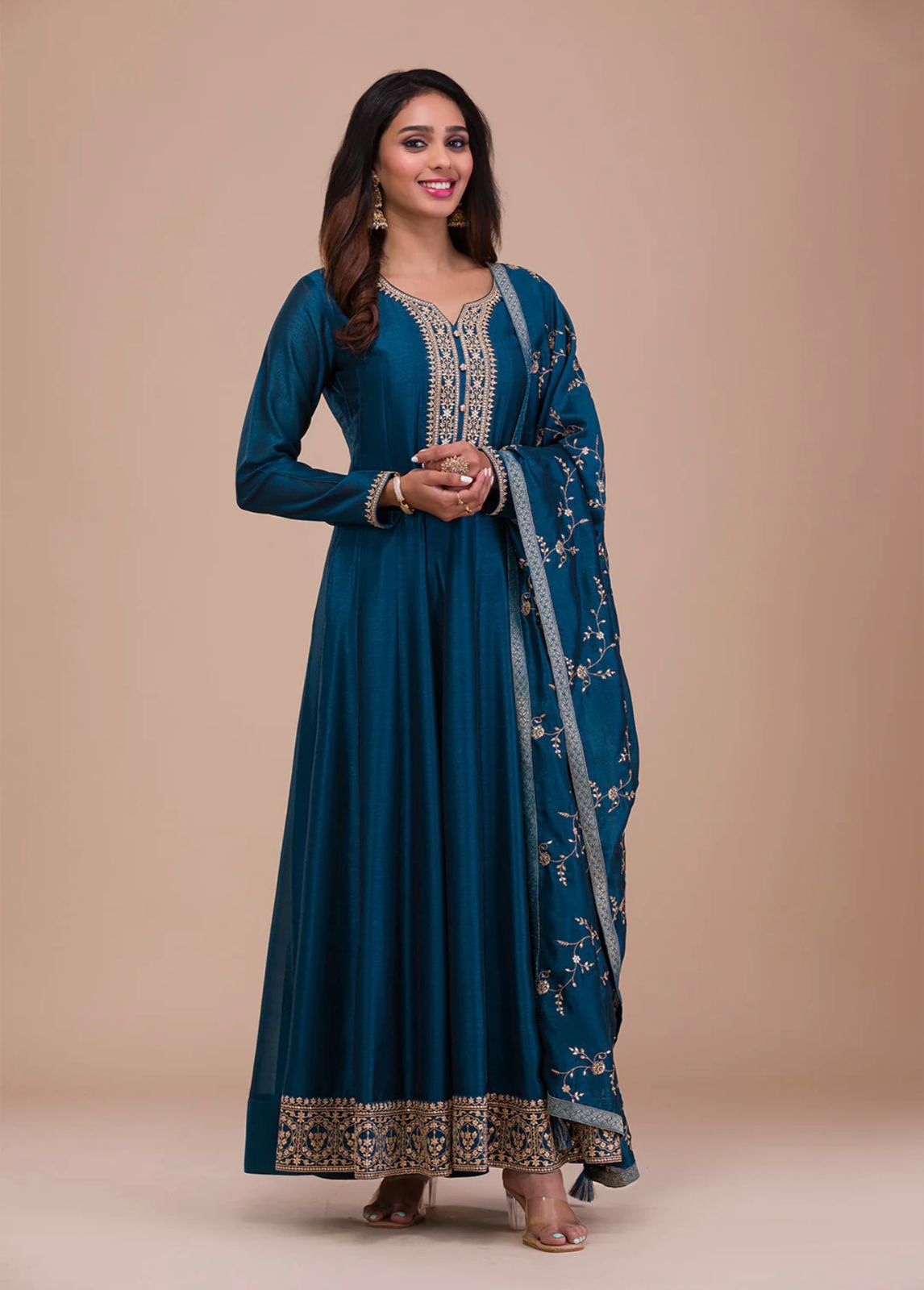 Function Wear Blue Color Embroidery Work Gown