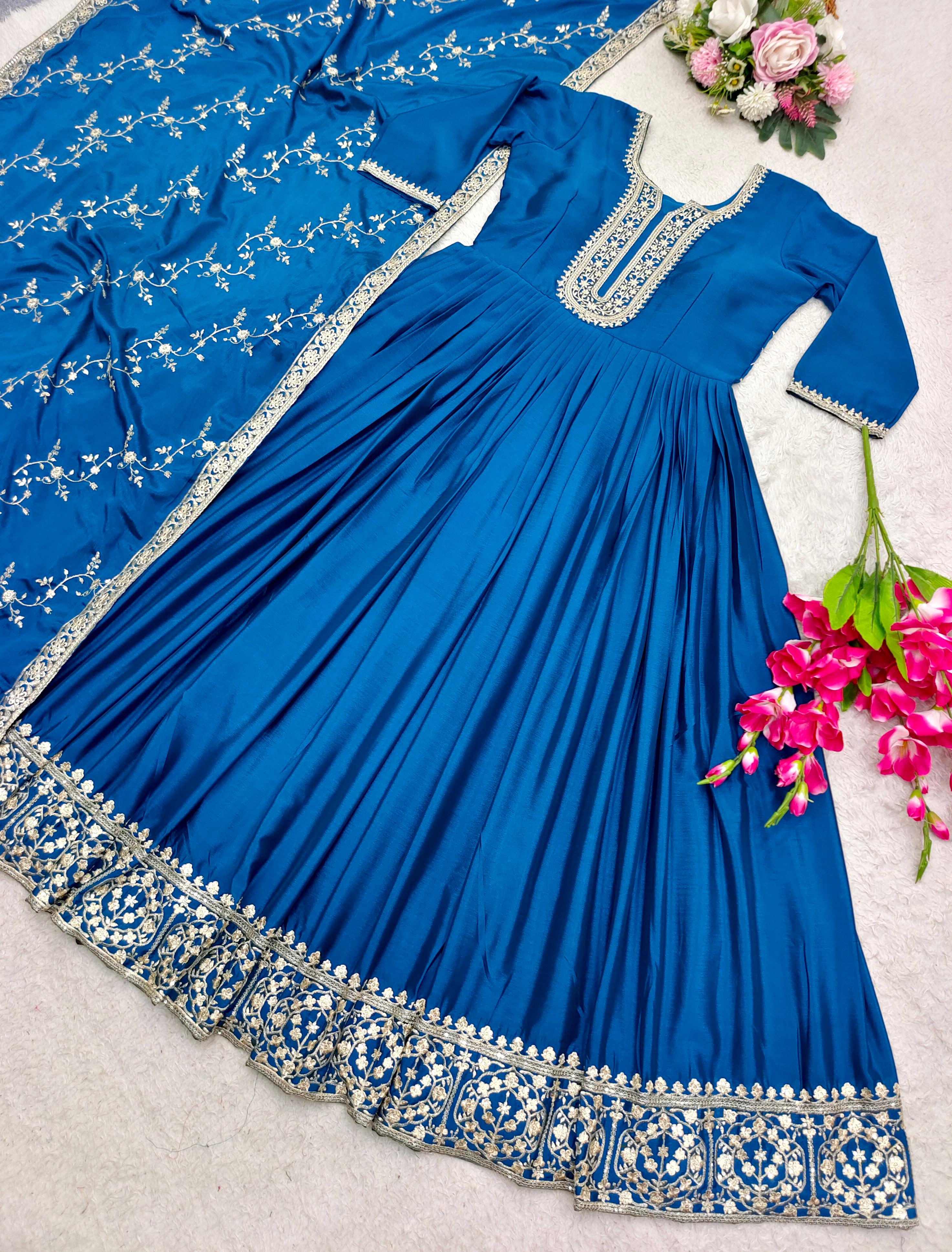 Function Wear Blue Color Embroidery Work Gown