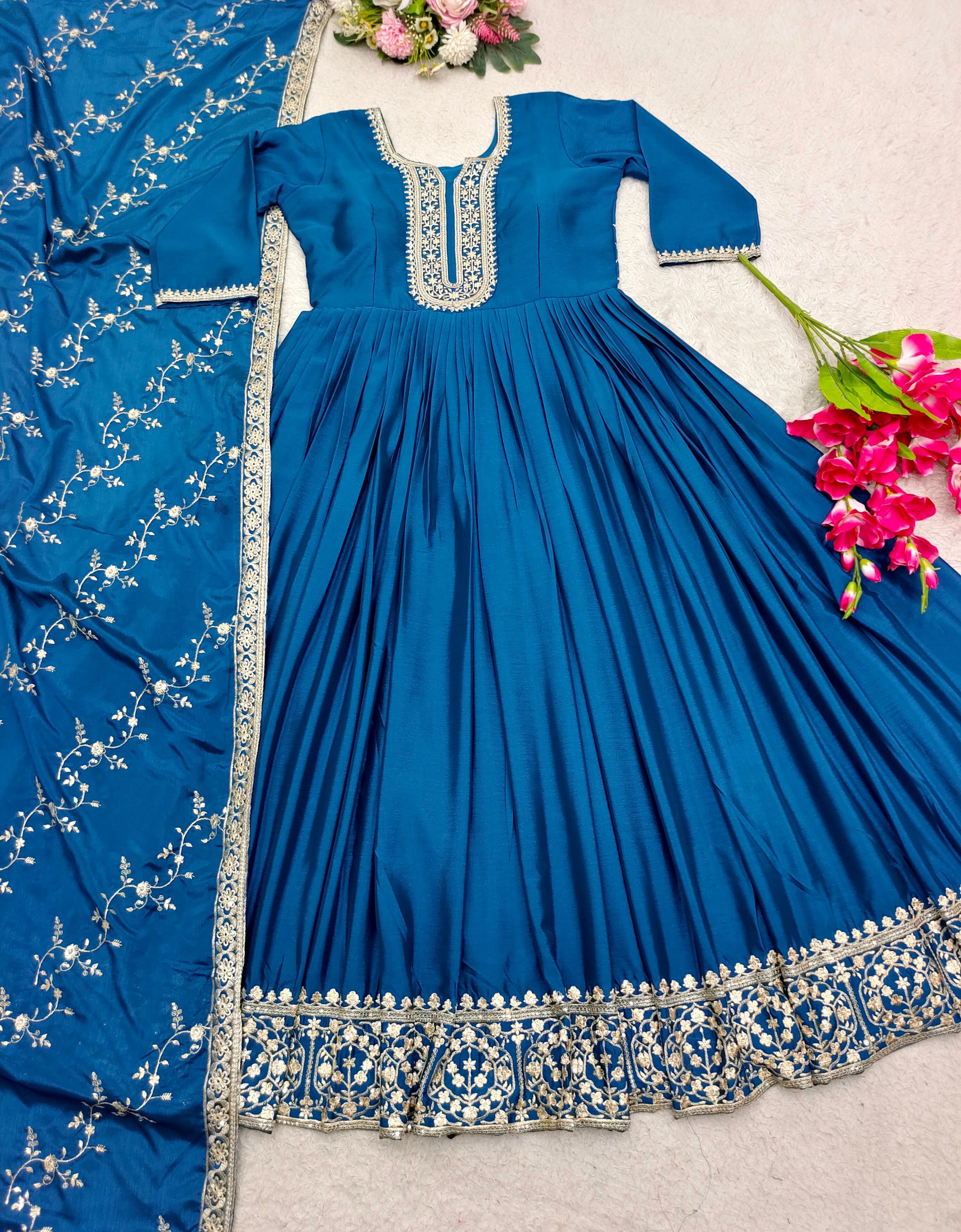 Function Wear Blue Color Embroidery Work Gown