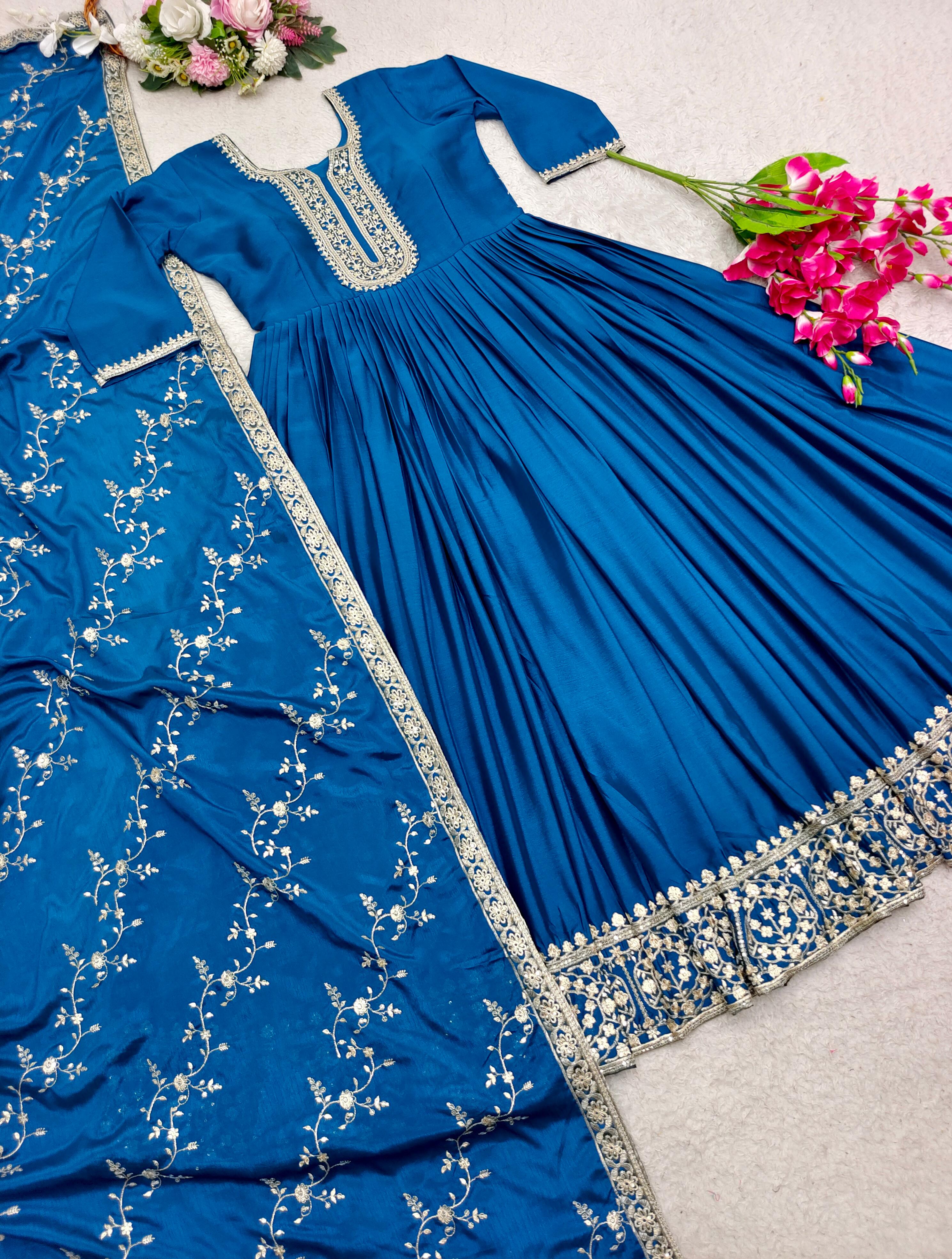 Function Wear Blue Color Embroidery Work Gown