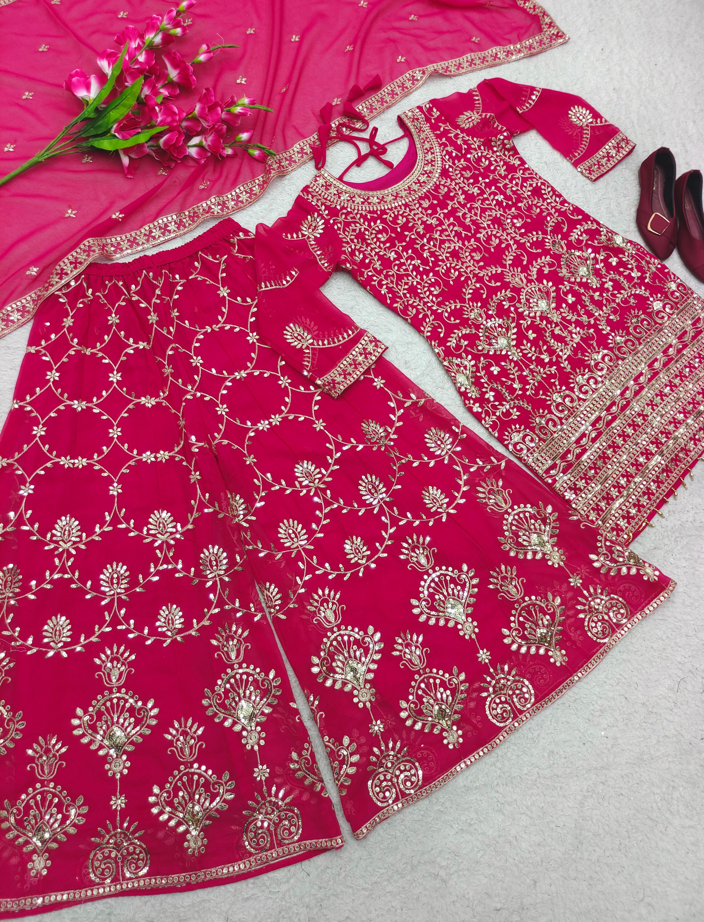 Fantastic Pink Color Sequence Embroidered Sharara Suit