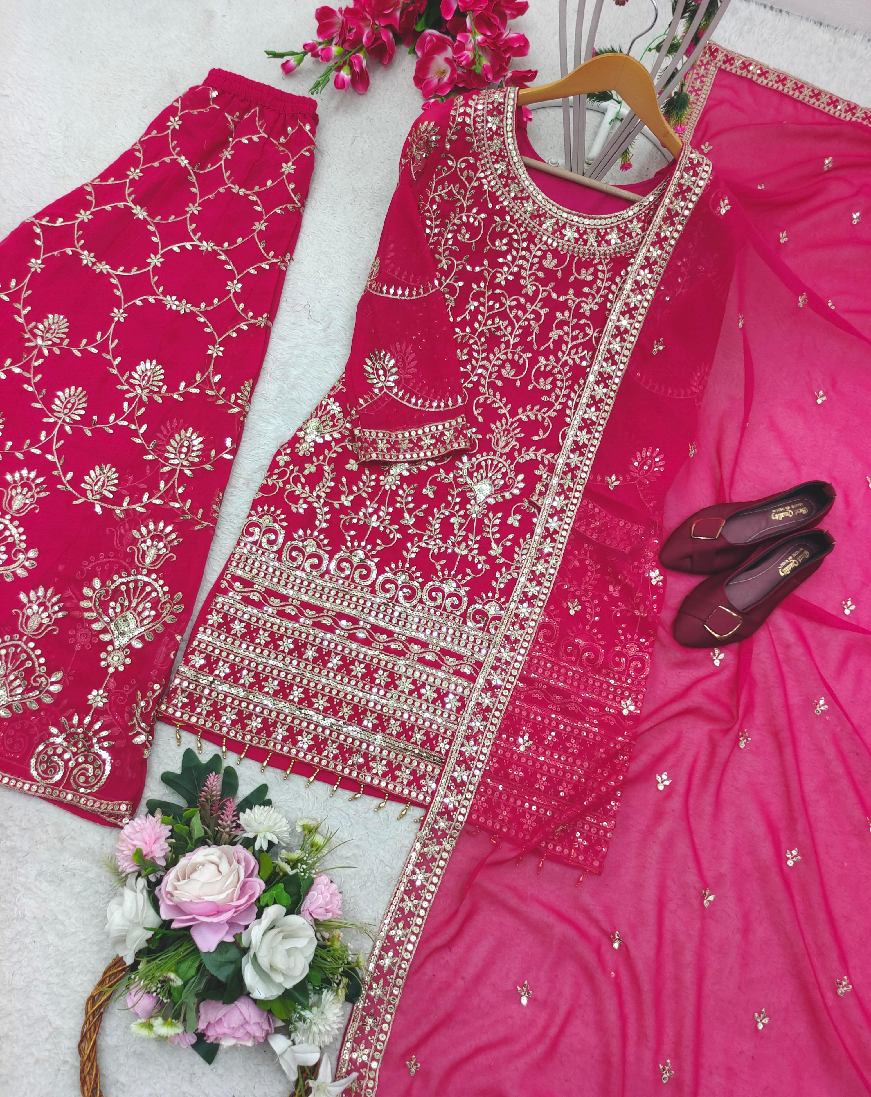 Fantastic Pink Color Sequence Embroidered Sharara Suit