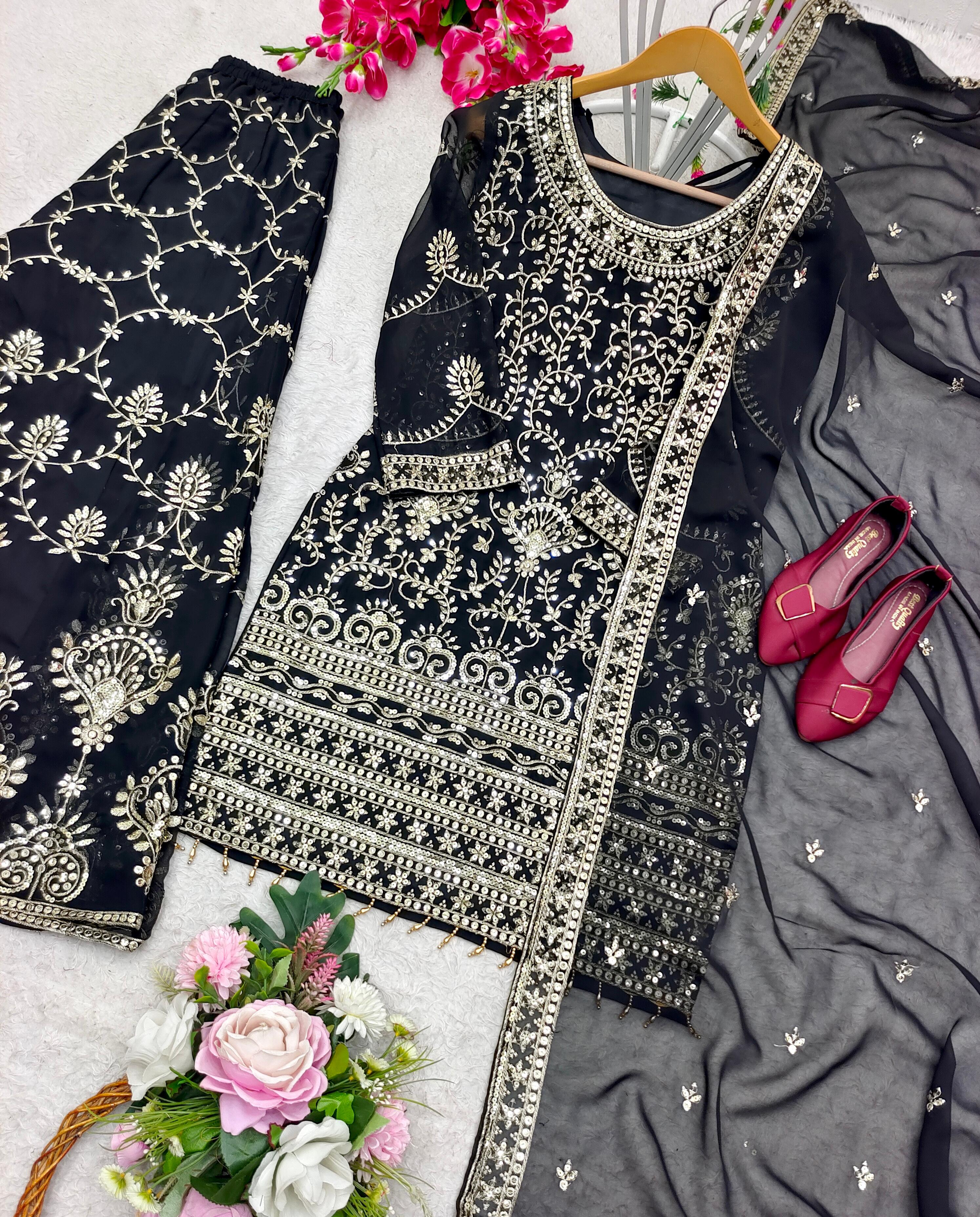 Fantastic Black Color Sequence Embroidered Sharara Suit