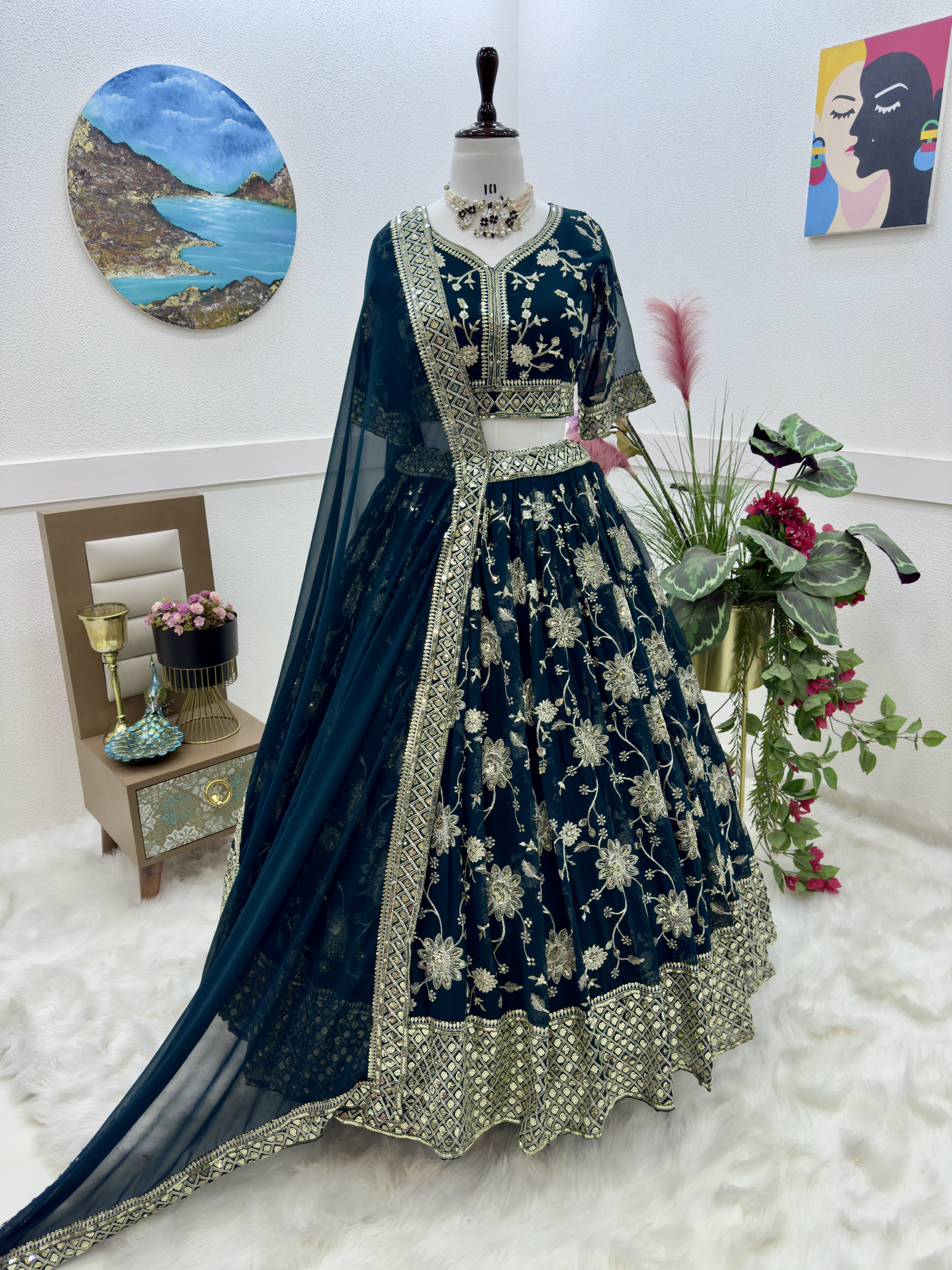 Delightful Sequence Embroidery Work Teal Green Lehenga Choli