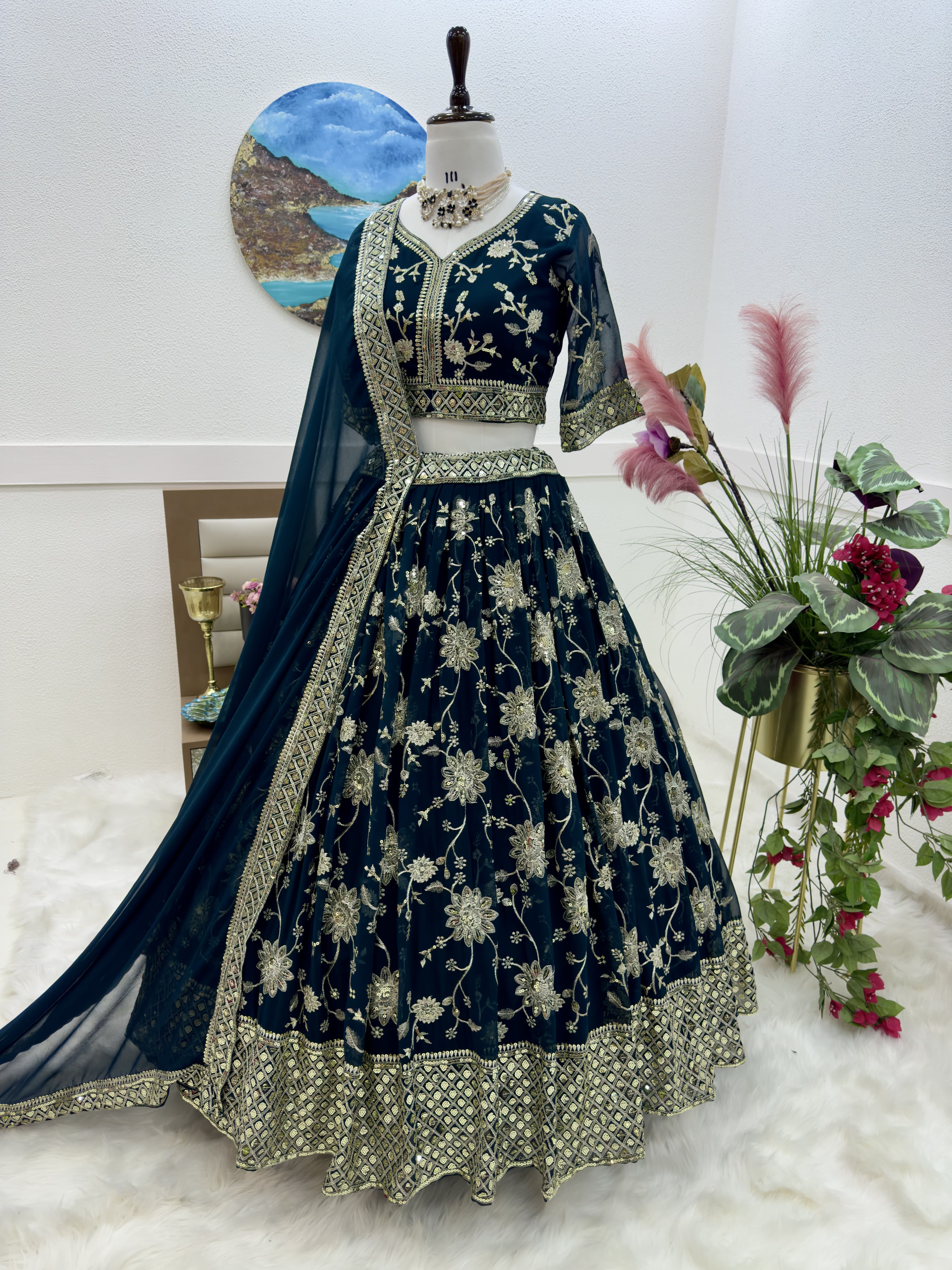 Delightful Sequence Embroidery Work Teal Green Lehenga Choli