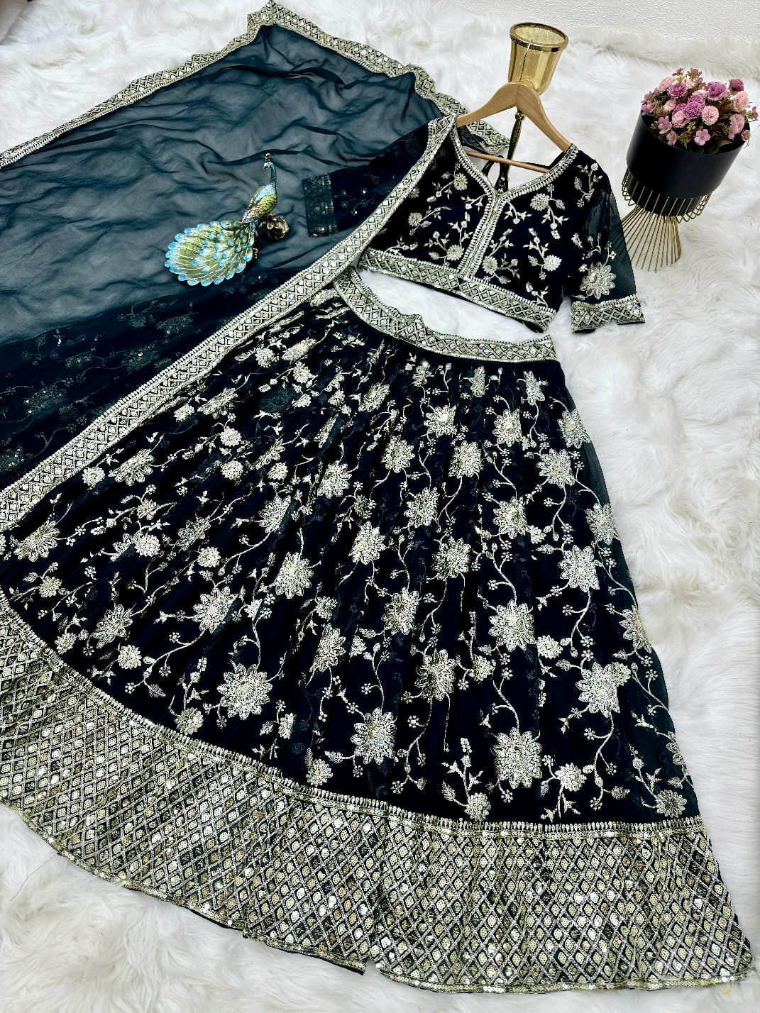 Delightful Sequence Embroidery Work Teal Green Lehenga Choli