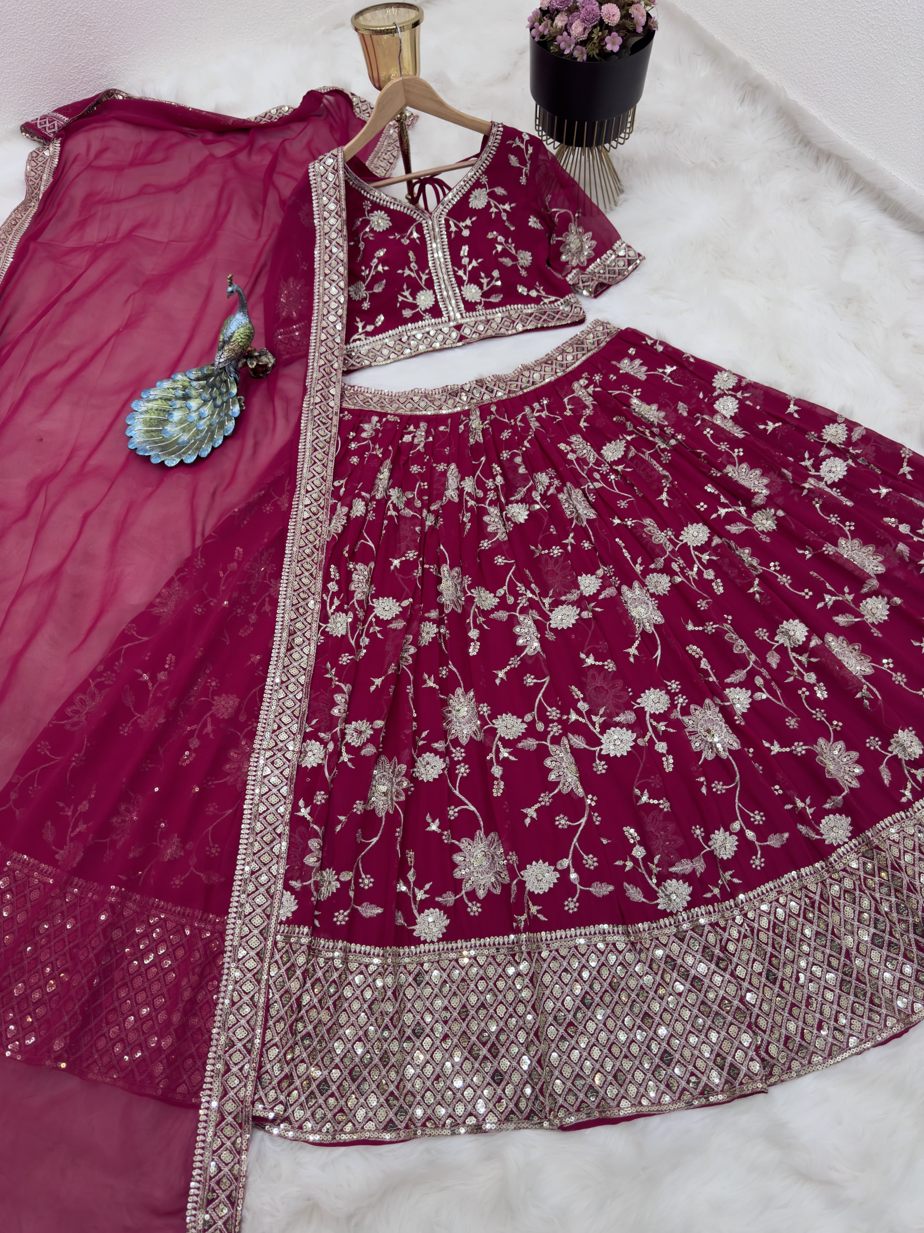 Delightful Sequence Embroidery Work Pink Lehenga Choli