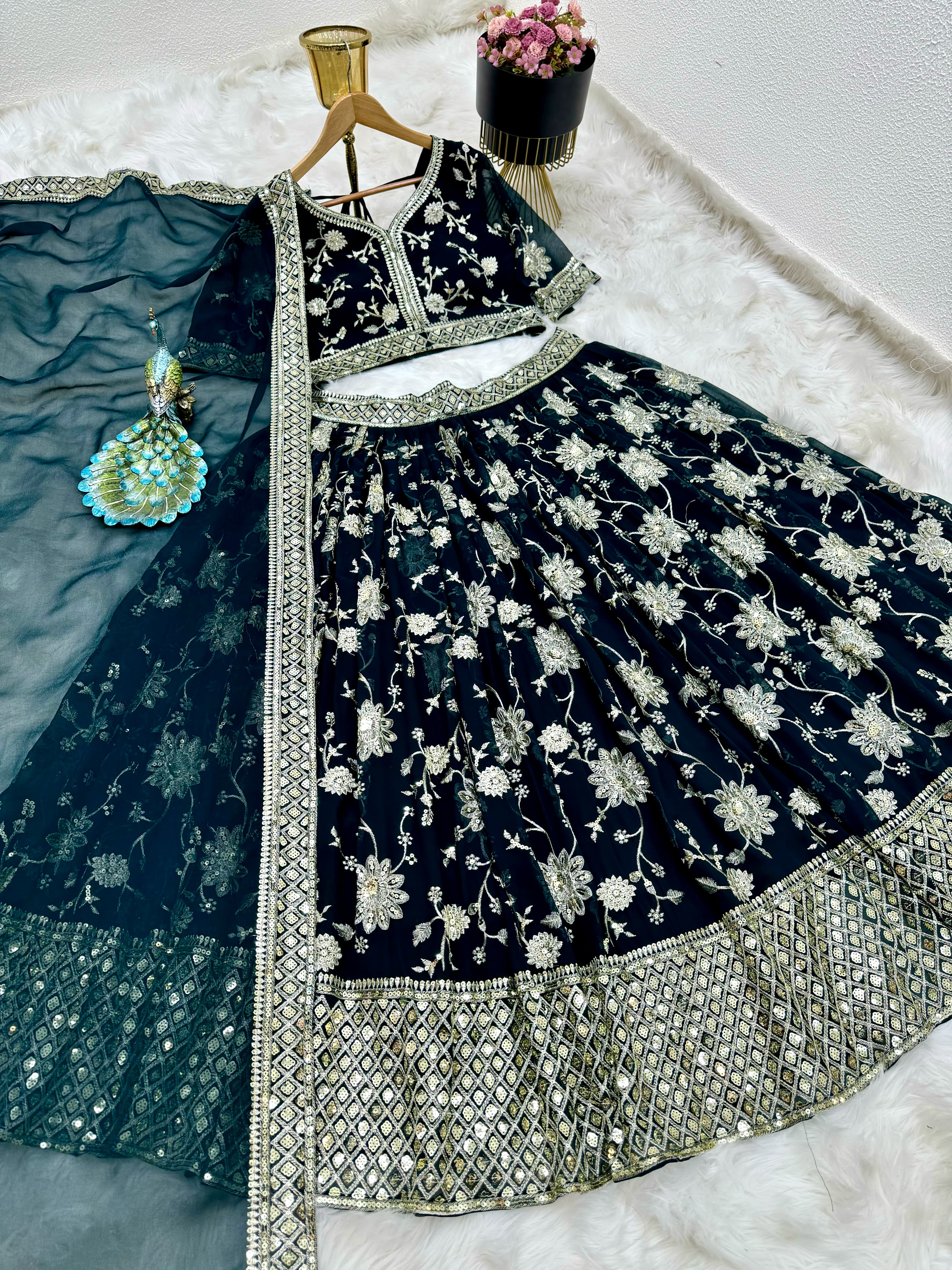 Delightful Sequence Embroidery Work Teal Green Lehenga Choli