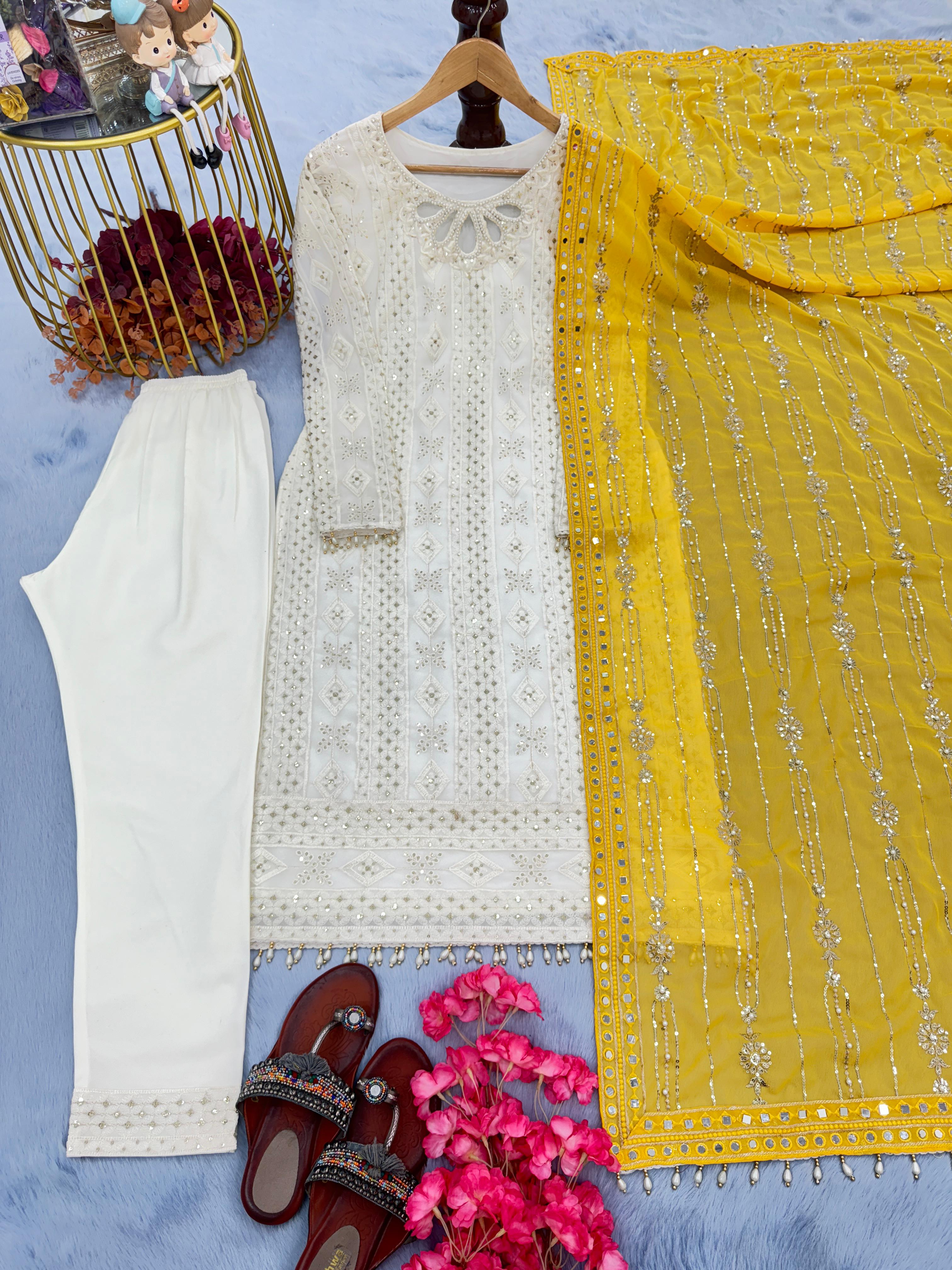 Glorious White Color Salwar Suit Yellow Dupatta