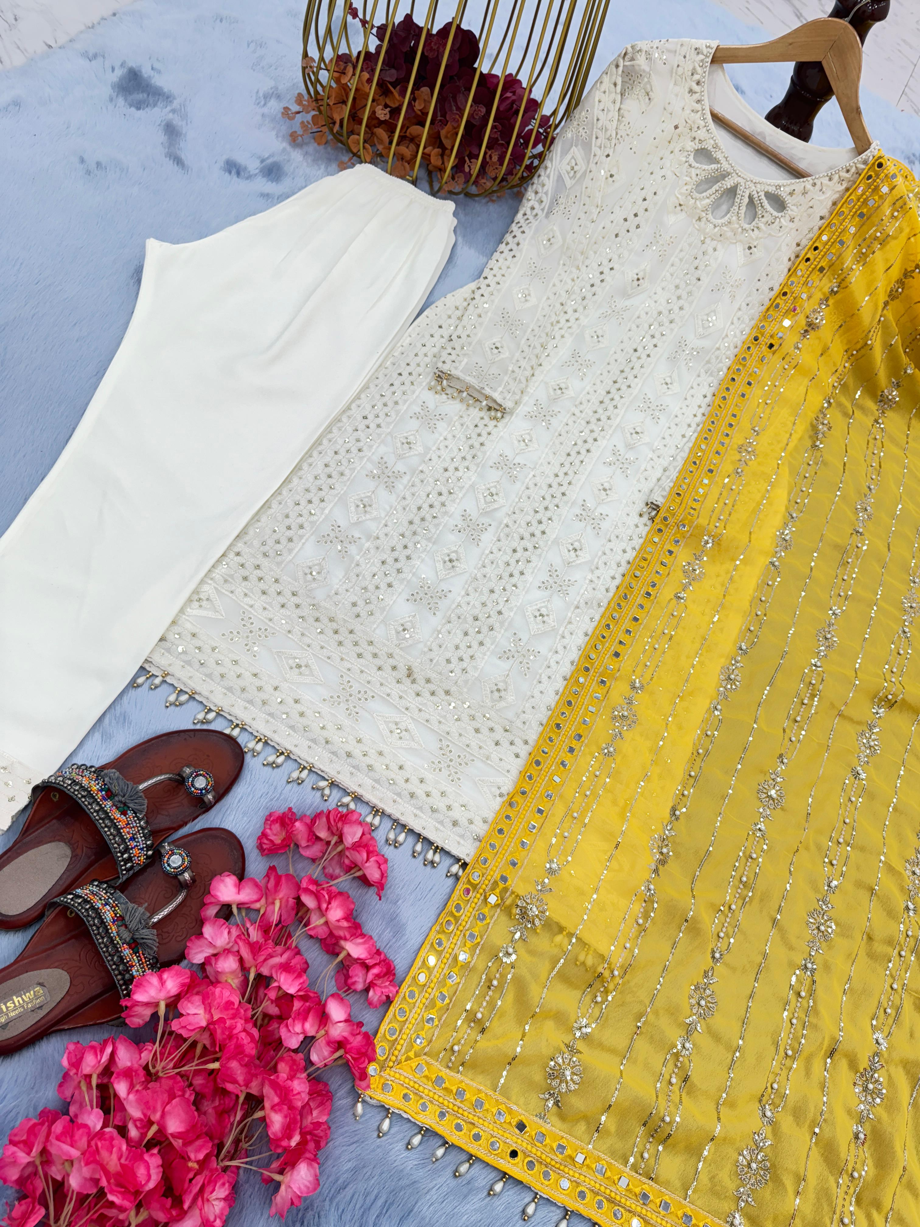 Glorious White Color Salwar Suit Yellow Dupatta