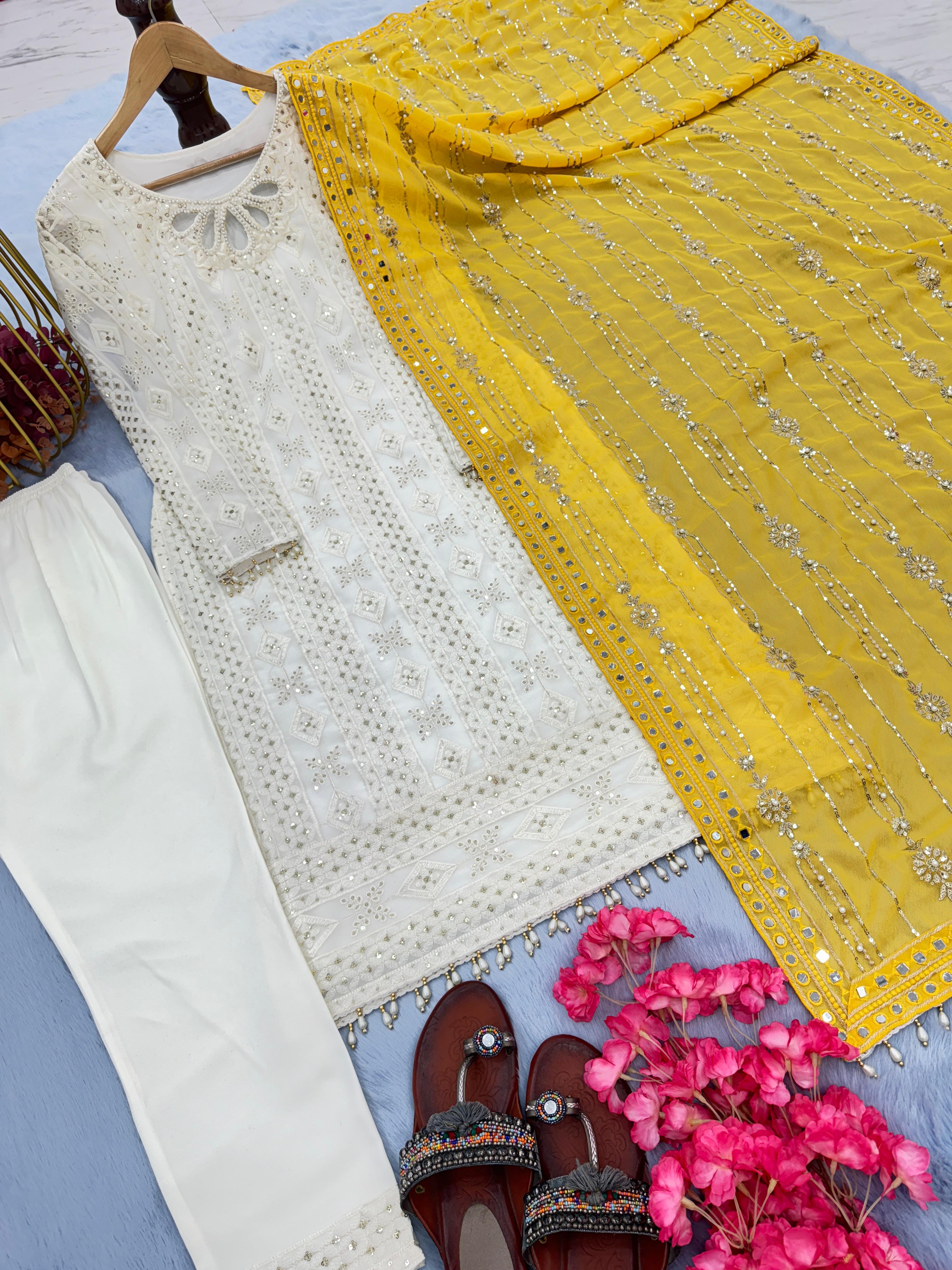 Glorious White Color Salwar Suit Yellow Dupatta