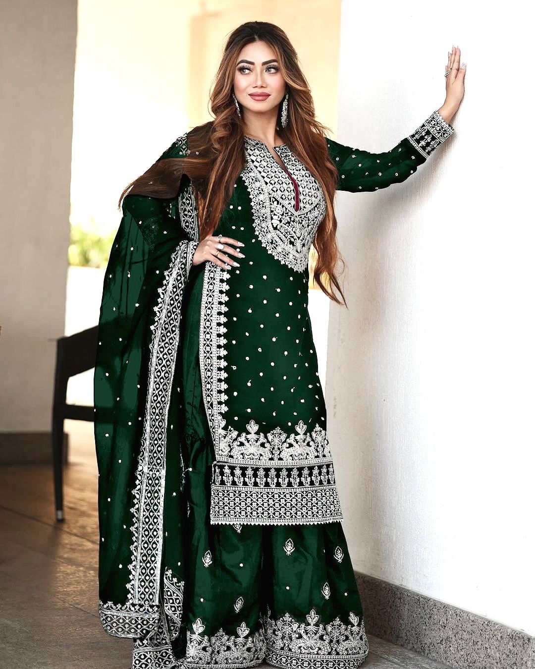 Stylish Green Color Sharara Suit With Shining Work