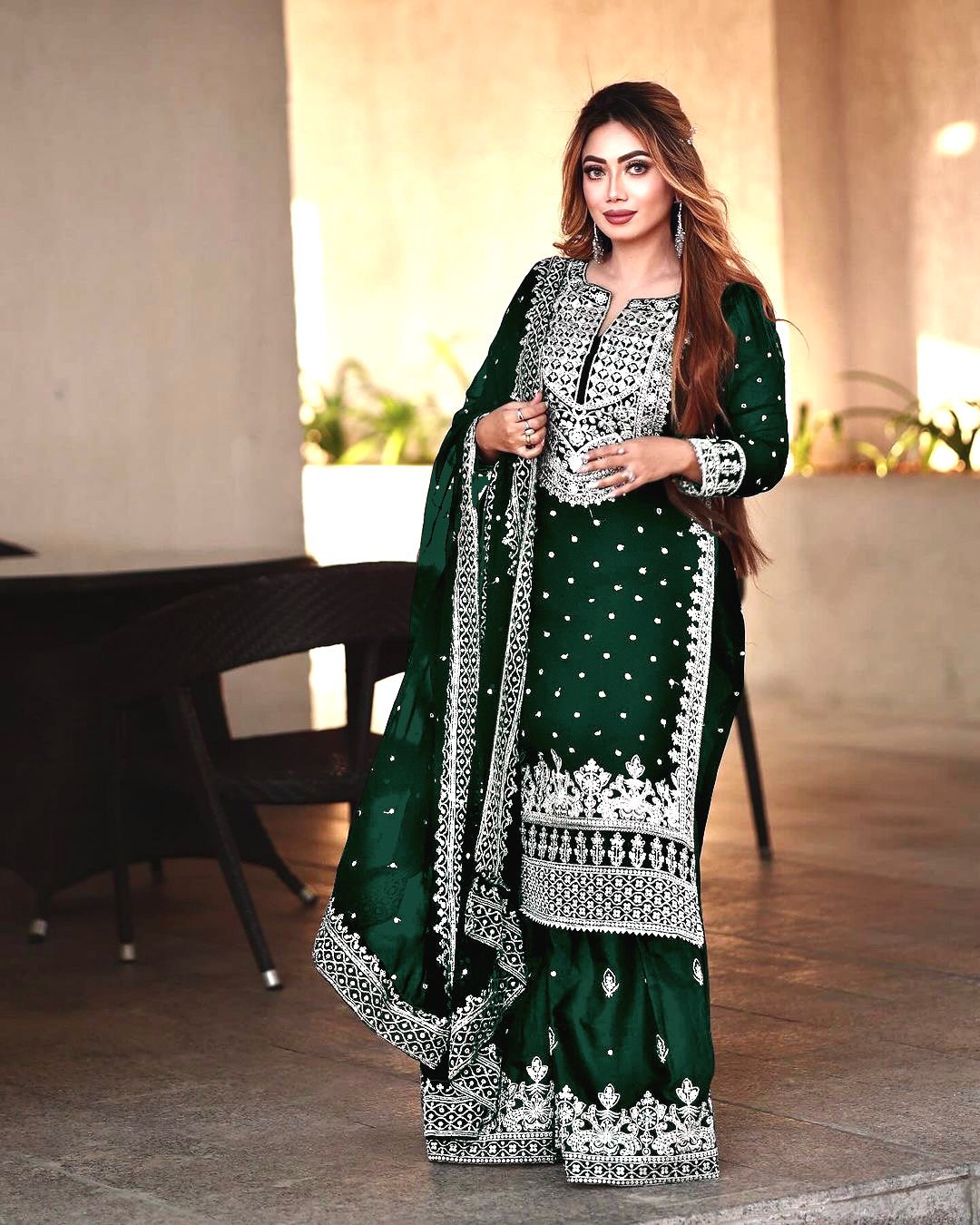 Stylish Green Color Sharara Suit With Shining Work