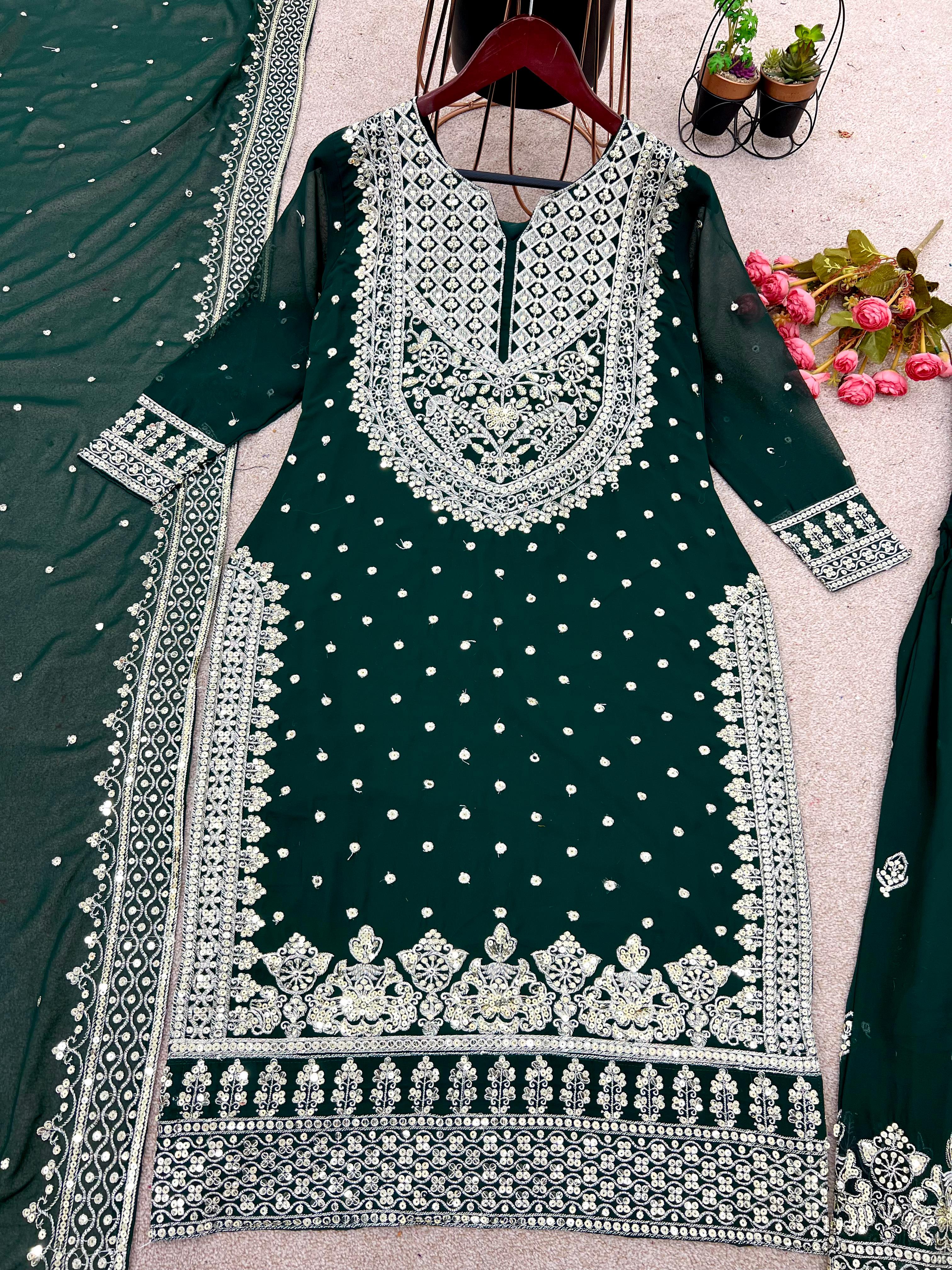 Stylish Green Color Sharara Suit With Shining Work