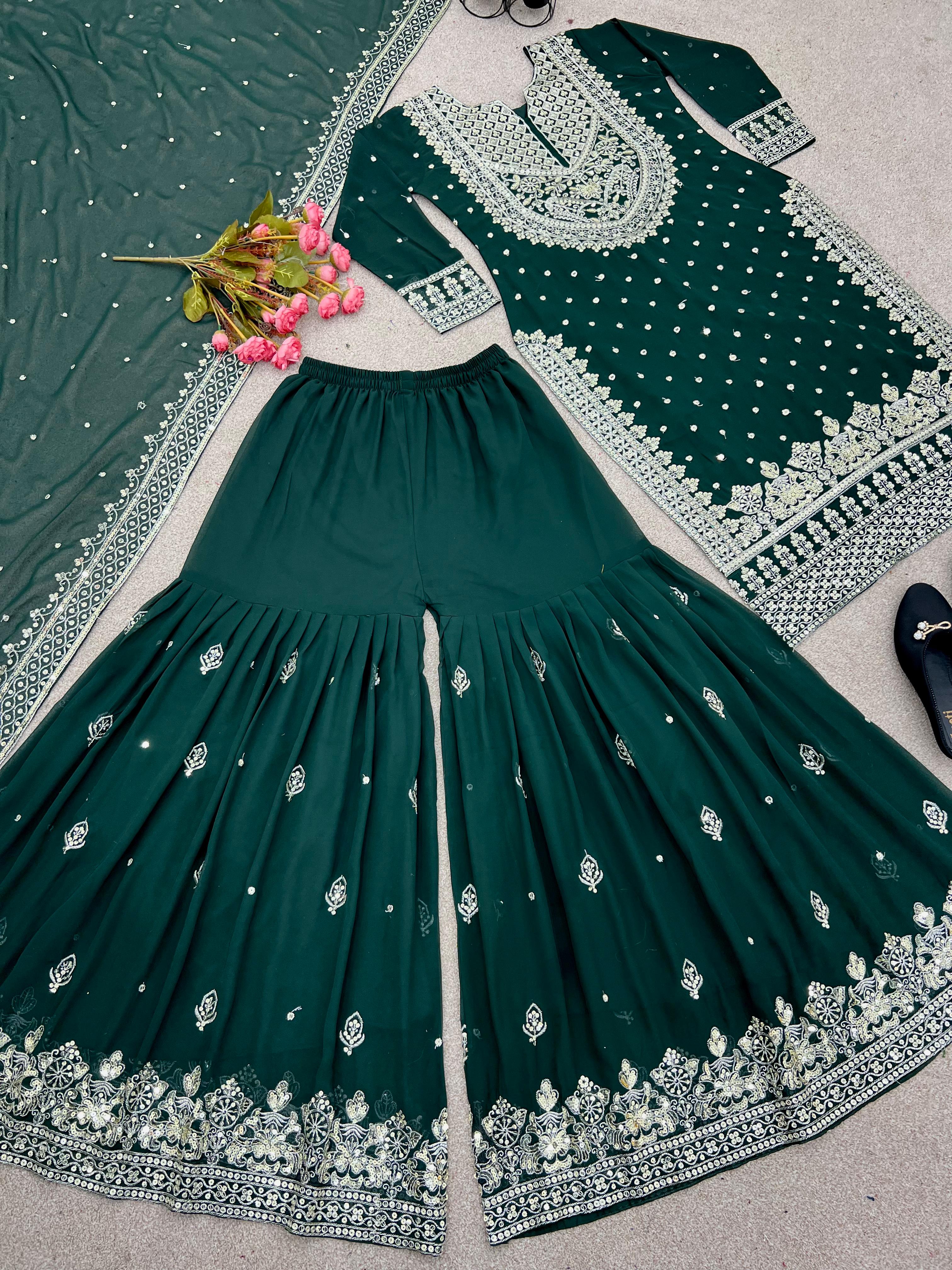 Stylish Green Color Sharara Suit With Shining Work