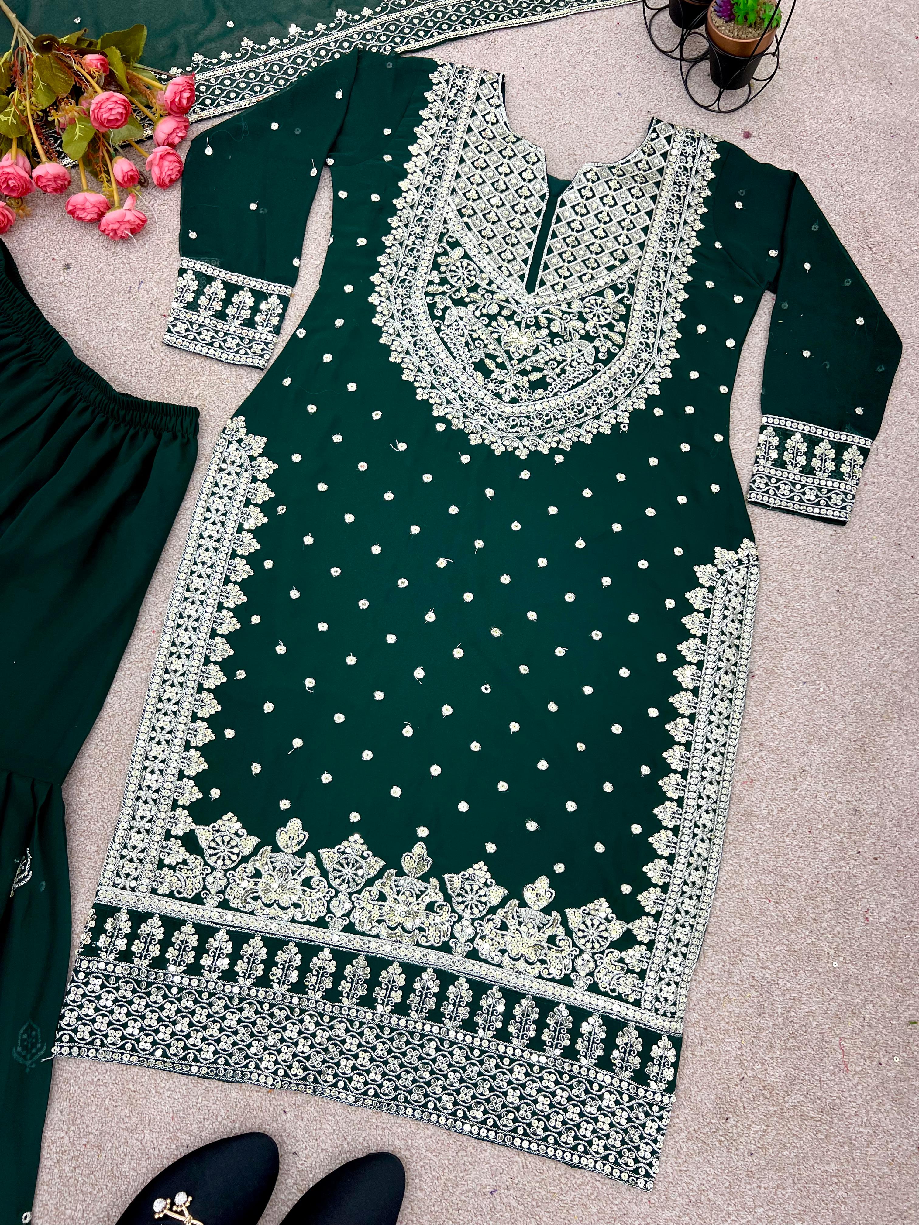 Stylish Green Color Sharara Suit With Shining Work