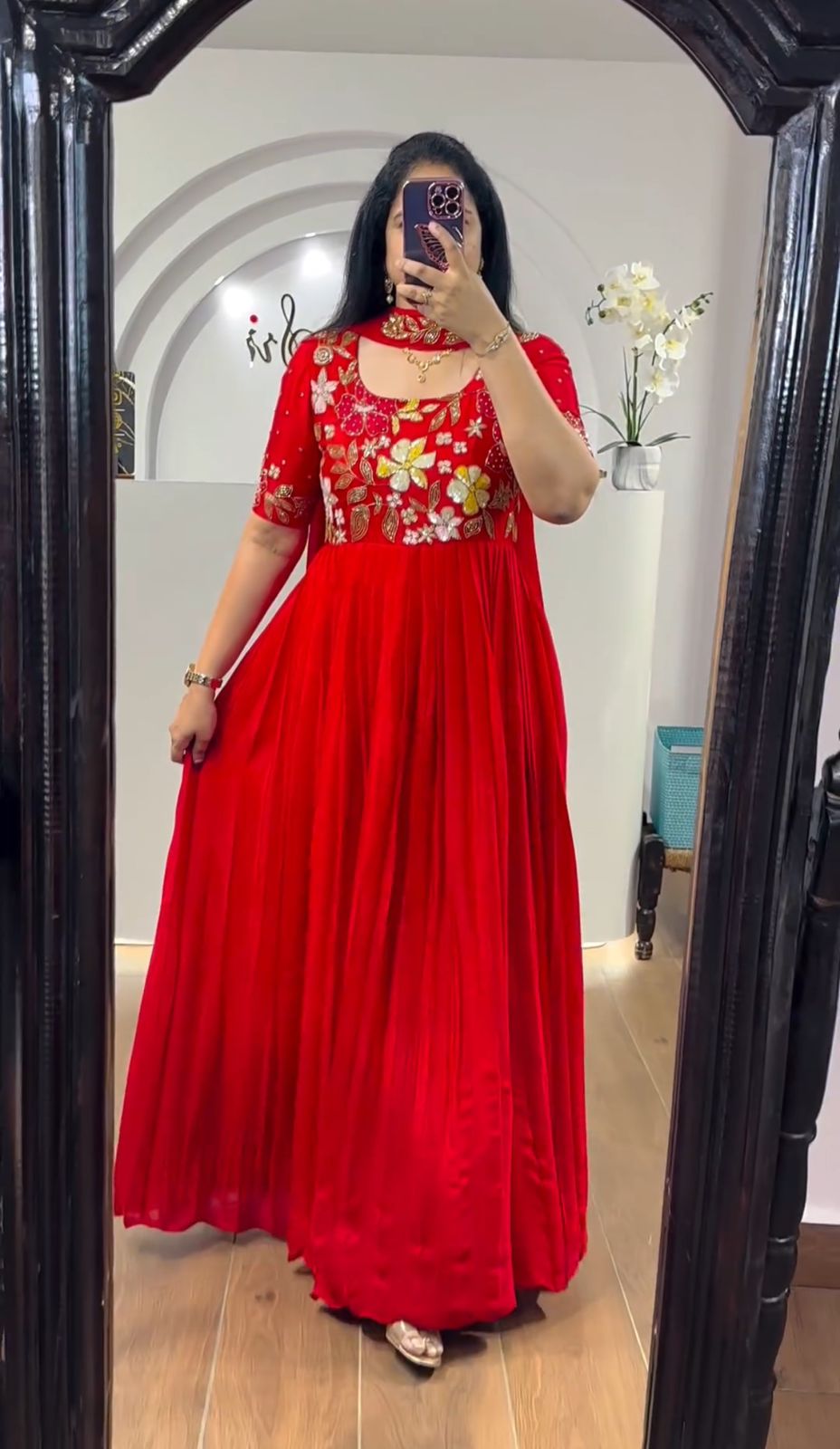 Stylish Embroidered Red Color Gown With Dupatta