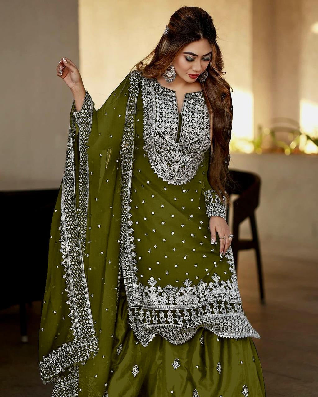 Stylish Mehendi Color Sharara Suit With Shining Work