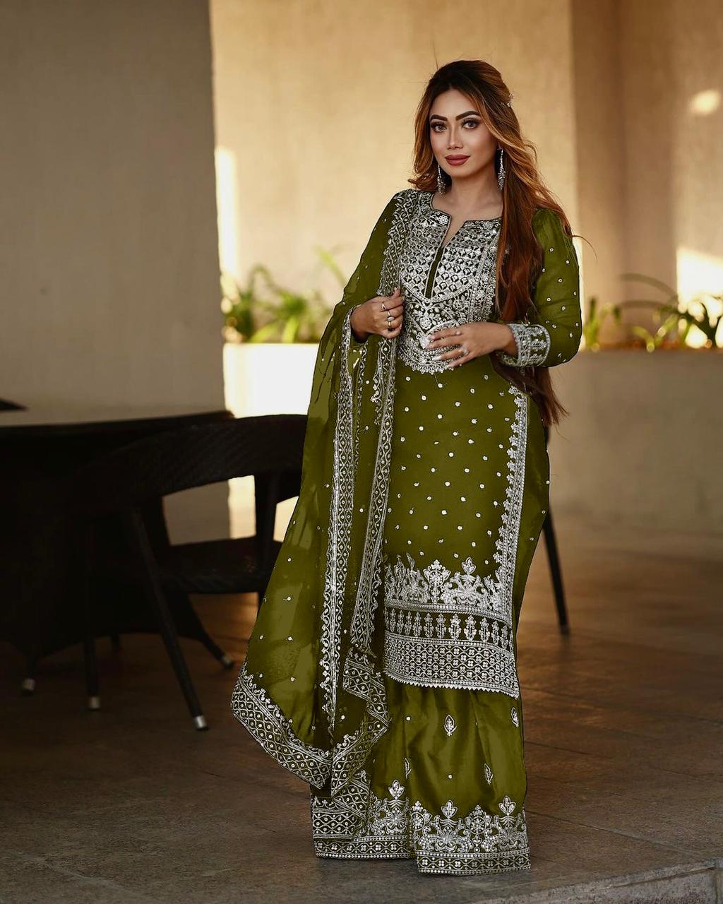 Stylish Mehendi Color Sharara Suit With Shining Work