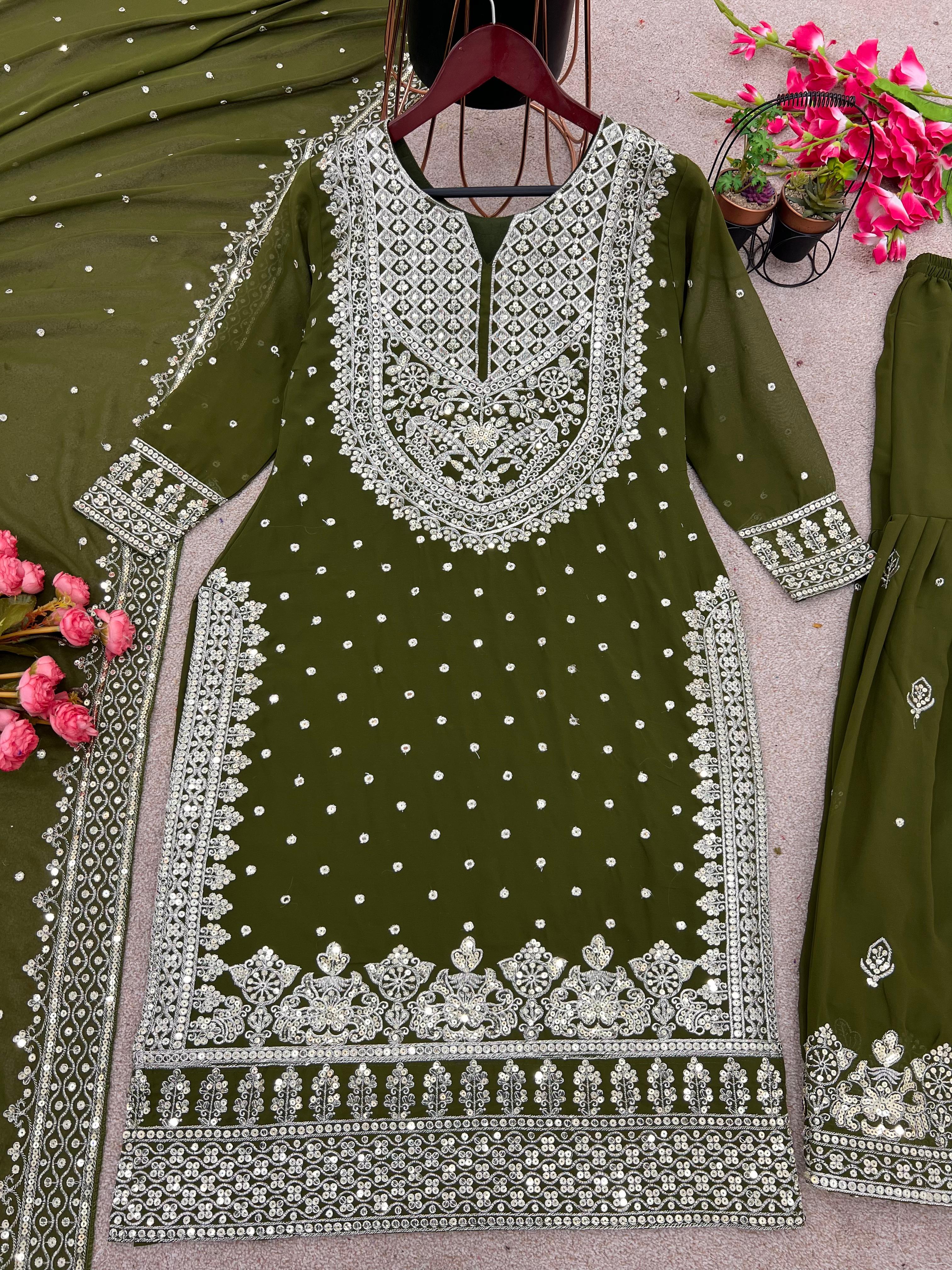 Stylish Mehendi Color Sharara Suit With Shining Work