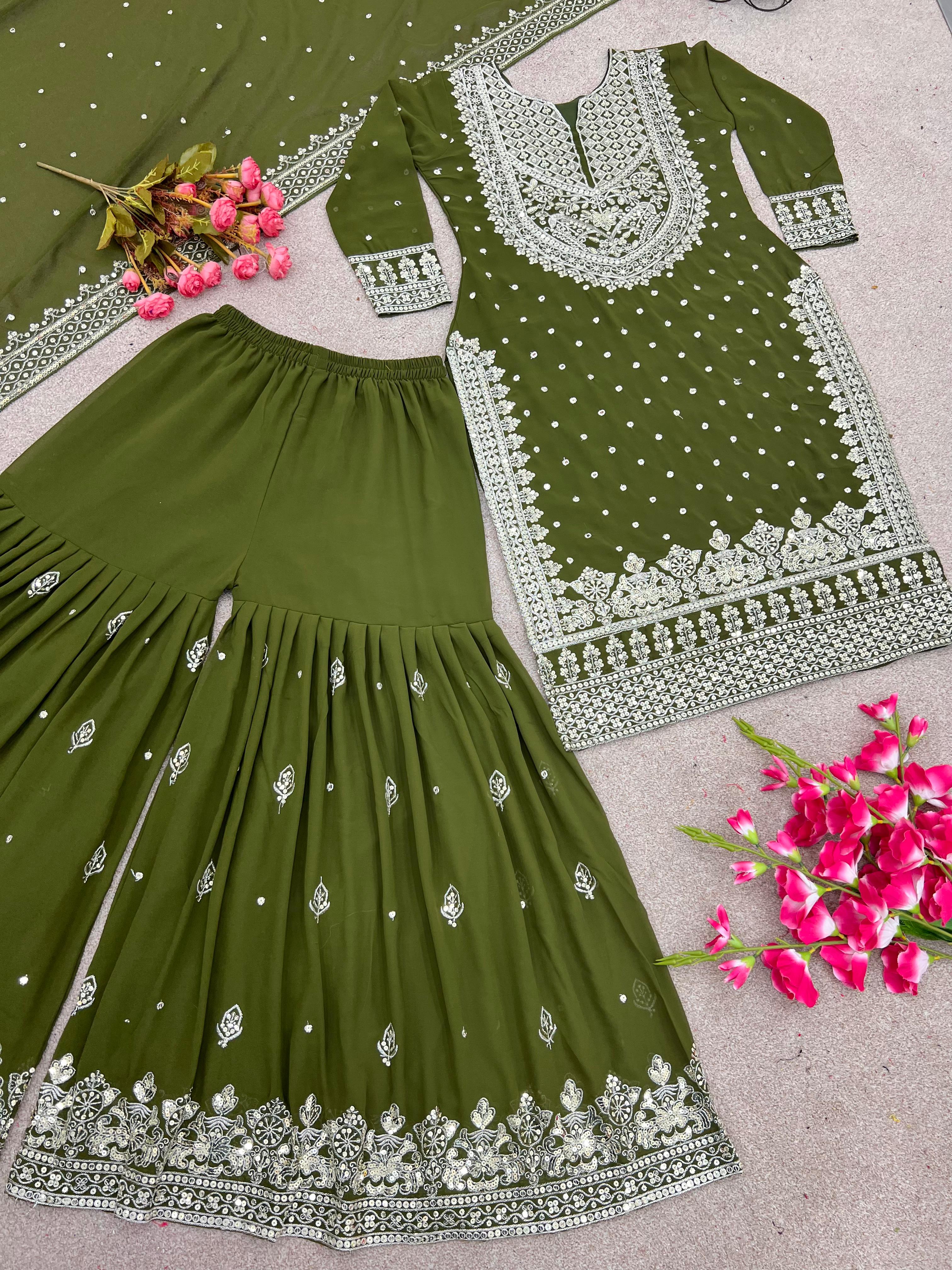 Stylish Mehendi Color Sharara Suit With Shining Work