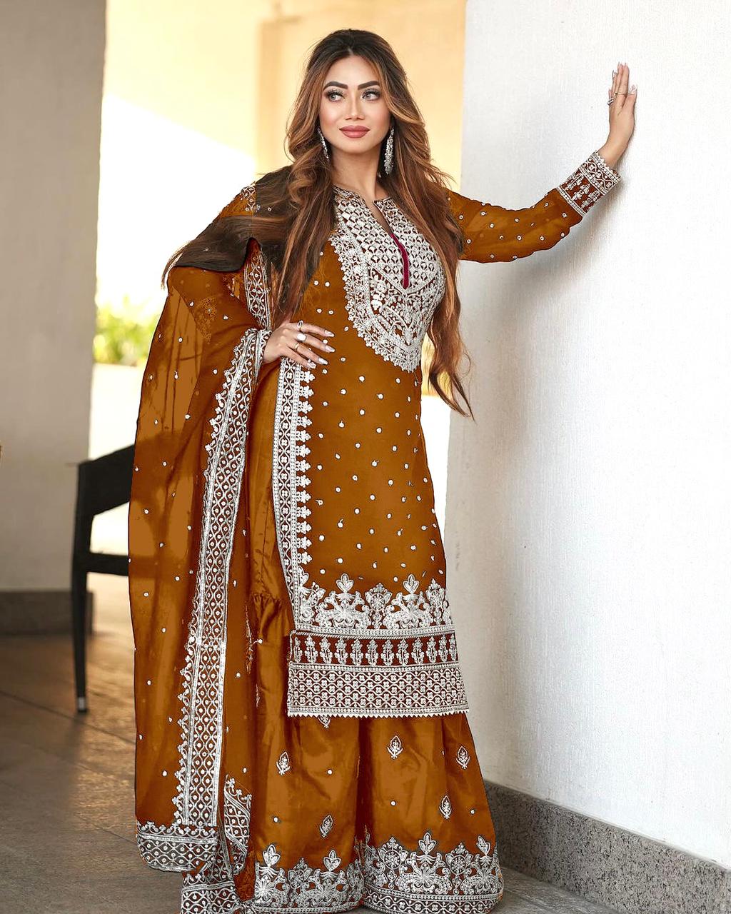 Stylish Mustard Color Sharara Suit With Shining Work