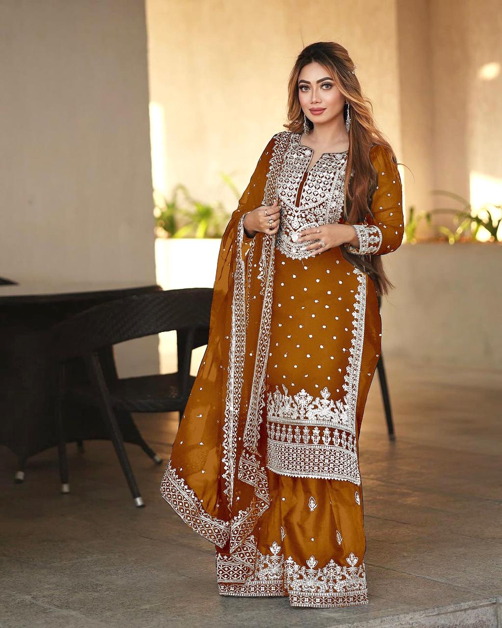 Stylish Mustard Color Sharara Suit With Shining Work