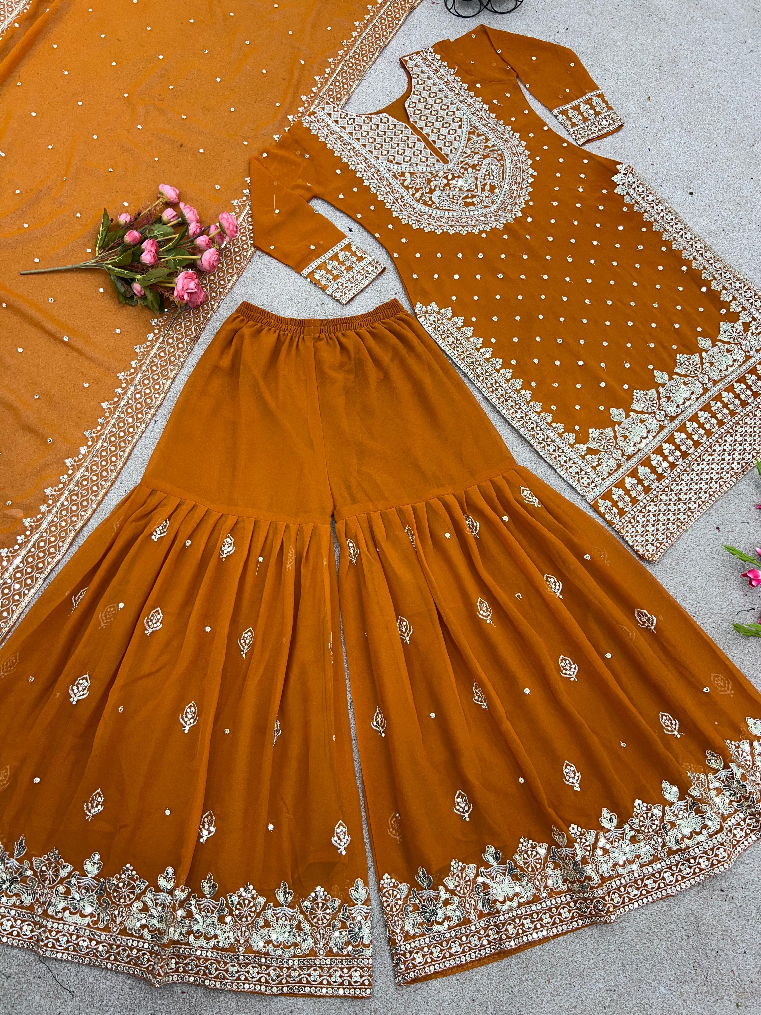 Stylish Mustard Color Sharara Suit With Shining Work