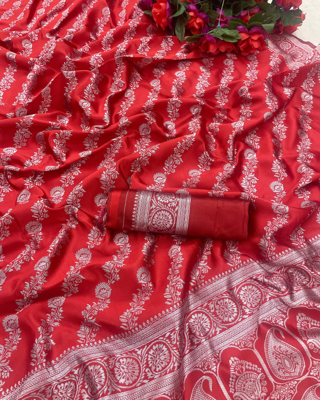 Wedding Wear Red Color Jacquard Border Saree
