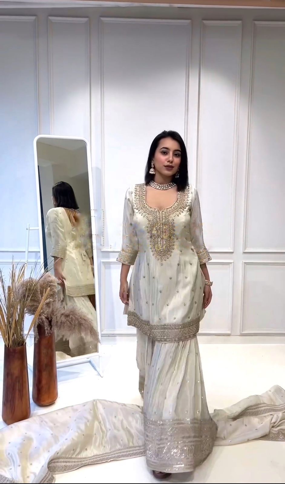 Exclusive Embroidery Work White Color Sharara Suit