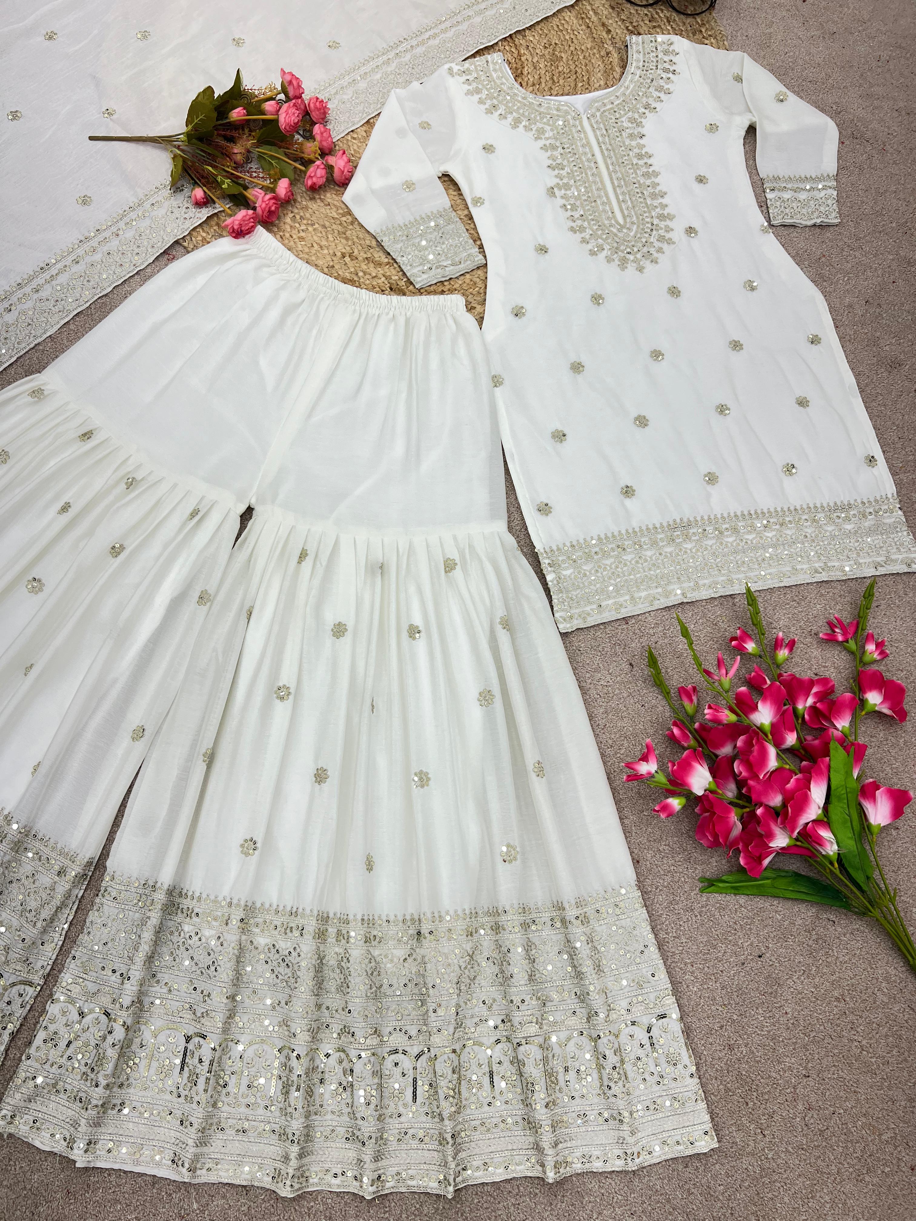 Exclusive Embroidery Work White Color Sharara Suit