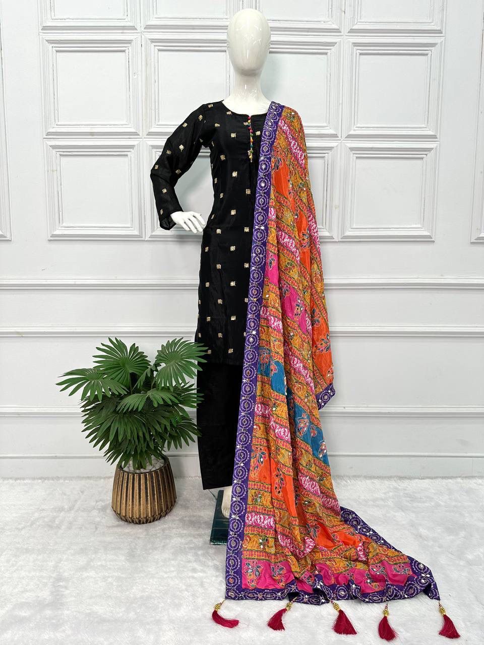 Black Color Pretty Salwar Suit With Multi Dupatta