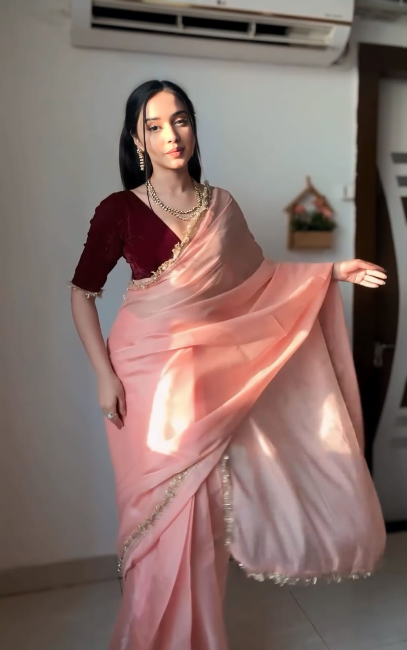 Stunning Peach Ready To Wear Saree With Velvet Blouse
