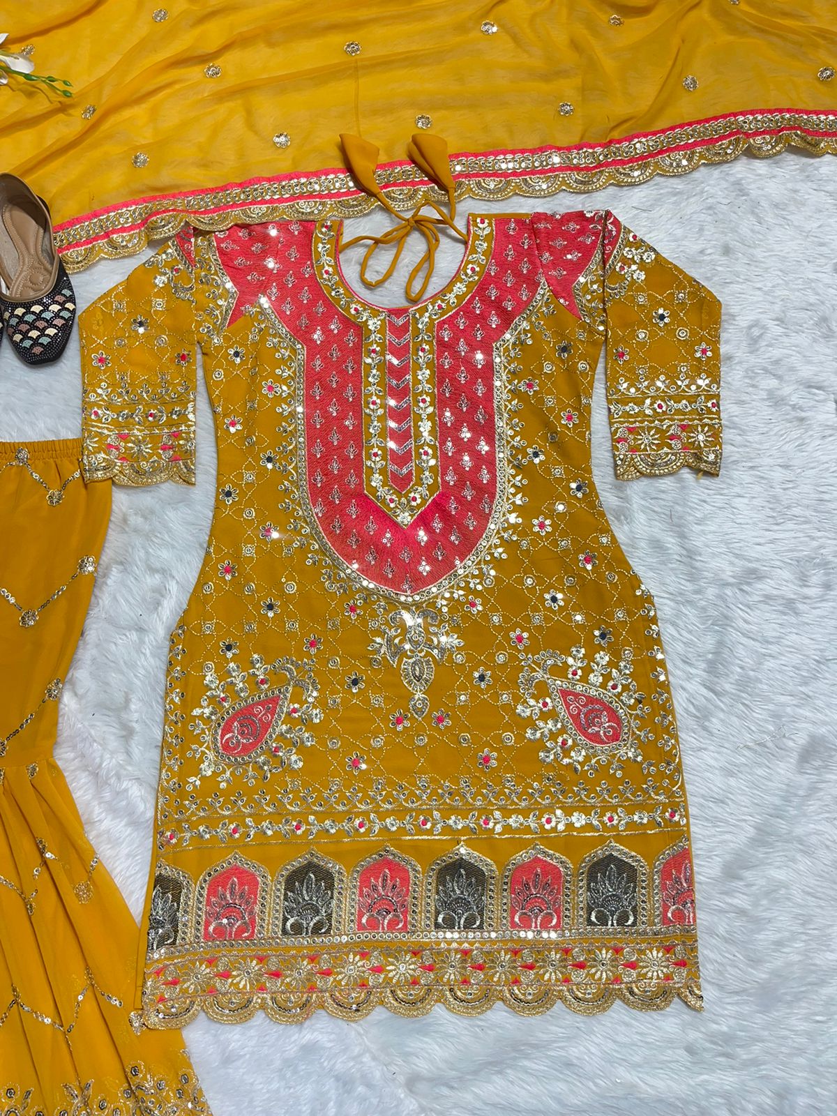 Fantastic Mustard Color Heavy Work Sharara Suit